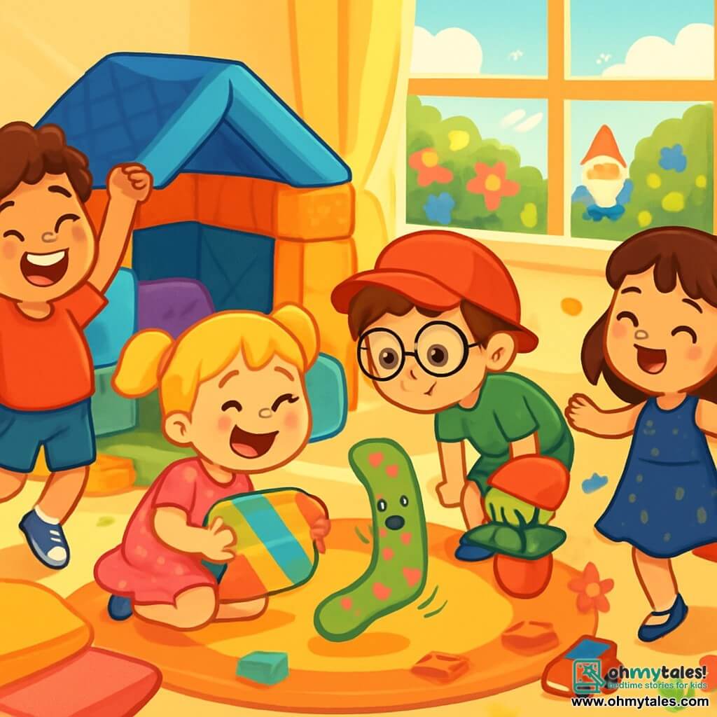 There are 4 children: Max, a 7-year-old boy with curly brown hair, wearing a red t-shirt and blue shorts, jumping for joy with his arms raised near a large pillow fortress; Lily, a 6-year-old girl with blonde pigtails in a pink polka dot dress, crouching and laughing while holding a colorful pillow; Tommy, a 7-year-old boy with round glasses and a red hat, wearing a green t-shirt, leaning forward with a curious look near a green plant; and Mia, a 6-year-old girl with brown hair in a sparkling dress, joyfully dancing with open arms surrounded by colorful flowers. The setting is a bright playroom filled with soft pillows, scattered toys, and sunlight streaming through the windows, with a colorful garden visible outside, featuring vibrant flowers and a funny garden gnome. The main scene shows the children discovering a funny green sock with pink polka dots dancing joyfully in the middle of the room while they laugh and have fun together, ready for an adventure full of surprises.