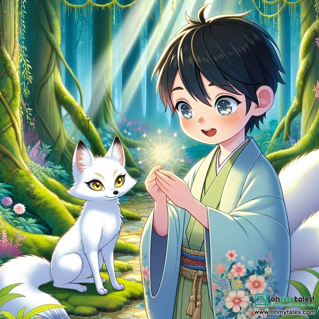 Haruki, a 10-year-old boy with black hair and sparkling curious eyes, stands at the center of the scene, his face lit up with an amazed smile. He wears a light blue traditional kimono adorned with floral patterns and holds a small shimmering mirror in his hands, fascinated by the magical reflections it projects. Next to him is Yuki, a beautiful fox with bright white fur, gracefully standing with golden eyes shining with intelligence and kindness. She watches Haruki with a protective demeanor, ready to assist him on his adventure. The setting unfolds in an enchanted clearing in the heart of the Kuroi forest, where tall, gnarled trees rise majestically, their green leaves forming a natural canopy. Rays of light filter through the branches, illuminating the moss-covered ground and colorful flowers, while a light mist dances around them, adding a touch of mystery to the atmosphere. The main scene shows Haruki discovering the magical mirror, captivated by the visions reflected in it, while Yuki, the fox, encourages and watches over him, creating a moment of magical connection between the boy and the forest.