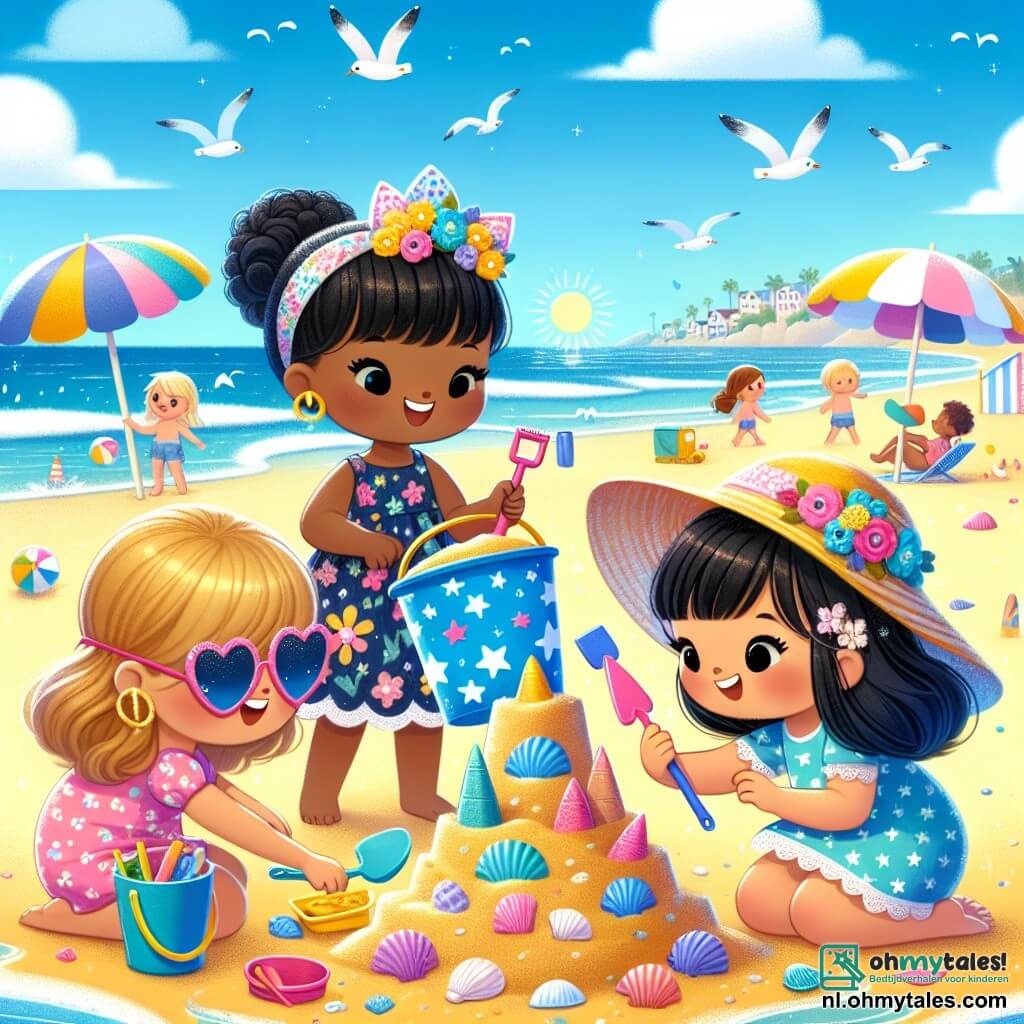 Drie blije meisjes, Lynn, Emma en Noor, zijn op het strand. Lynn, een 8-jarig meisje met bruin haar en een zonnebril, is bezig met het graven in het zand met een kleine roze schep. Naast haar voegt Emma, ook 8 jaar, met blond haar en een strohoed, gekleurde schelpen toe aan hun zandkasteel. Tot slot houdt Noor, een 7-jarig meisje met zwart haar en een bloemenjurk, een mooie blauwe sterrenschep vast, klaar om zand te gieten voor de constructie. De plek is een zonnig strand met zachte golven die op de kust breken. De lucht is helderblauw met enkele witte wolken, en kleurrijke parasols staan op het gouden zand. Kinderen spelen in de verte en meeuwen vliegen boven het glinsterende water. De hoofdscene toont de drie vriendinnen die zich concentreren op het bouwen van hun grote zandkasteel, lachend en plezier hebbend samen, omringd door emmers, scheppen en schelpen, wat de vreugde van de zomervakantie symboliseert.