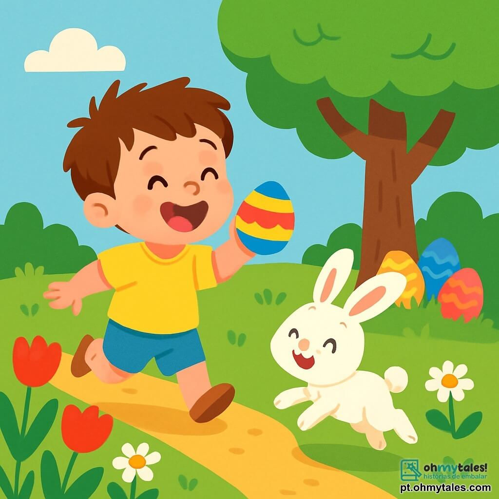 Um menino de 2 anos, Léo, com cabelos castanhos bagunçados e olhos brilhantes de alegria, corre em um jardim ensolarado, rindo maravilhado. Ele usa uma camiseta amarela e um short azul, segurando um ovo de Páscoa colorido na mão. Ao seu lado, um coelhinho travesso com grandes orelhas brancas e pelagem macia pula alegremente, convidando Léo a segui-lo. O jardim está cheio de flores vibrantes, com tulipas vermelhas e margaridas brancas, e uma grande árvore verdejante no centro, oferecendo sombra. A cena mostra Léo descobrindo ovos de Páscoa coloridos escondidos atrás da árvore, com um grande sorriso no rosto, cheio de excitação e felicidade.