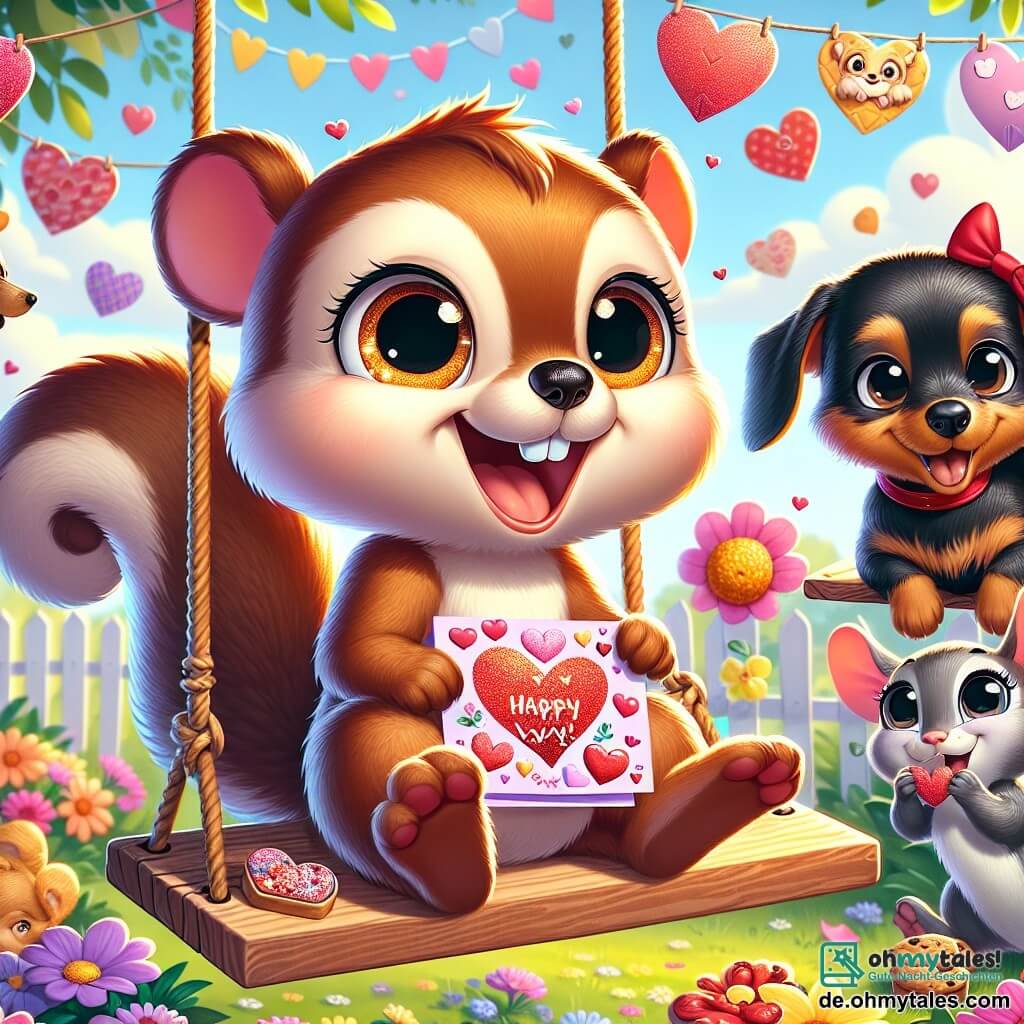 Emil, ein kleiner Eichhörnchen mit funkelnden Augen und weichem braunem Fell, sitzt auf einer Holzschaukel und lächelt fröhlich. Er hält eine mit bunten Herzen verzierte Valentinskarten in seinen kleinen Pfoten, die vor Aufregung zittern. Neben ihm springt Mia, eine kleine graue Maus mit großen runden Ohren und einem roten Schleifchen, vor Freude, ihre Augen strahlen vor Glück. Max, ein Dackel mit schwarz-braunem Fell, steht etwas weiter weg mit verschränkten Pfoten und einem schelmischen Lächeln, während er eine keksförmige Karte hält. Die Szenerie ist ein sonniger Garten voller leuchtender Blumen und grüner Bäume im Hintergrund. Papierherzgirlanden wehen in der Luft und verleihen der Szene eine festliche Note. Die Hauptsituation zeigt die Freunde, die gemeinsam den Valentinstag feiern, umgeben von Lachen und Freude, während sie Karten und Süßigkeiten teilen, in einer warmen und freundlichen Atmosphäre.