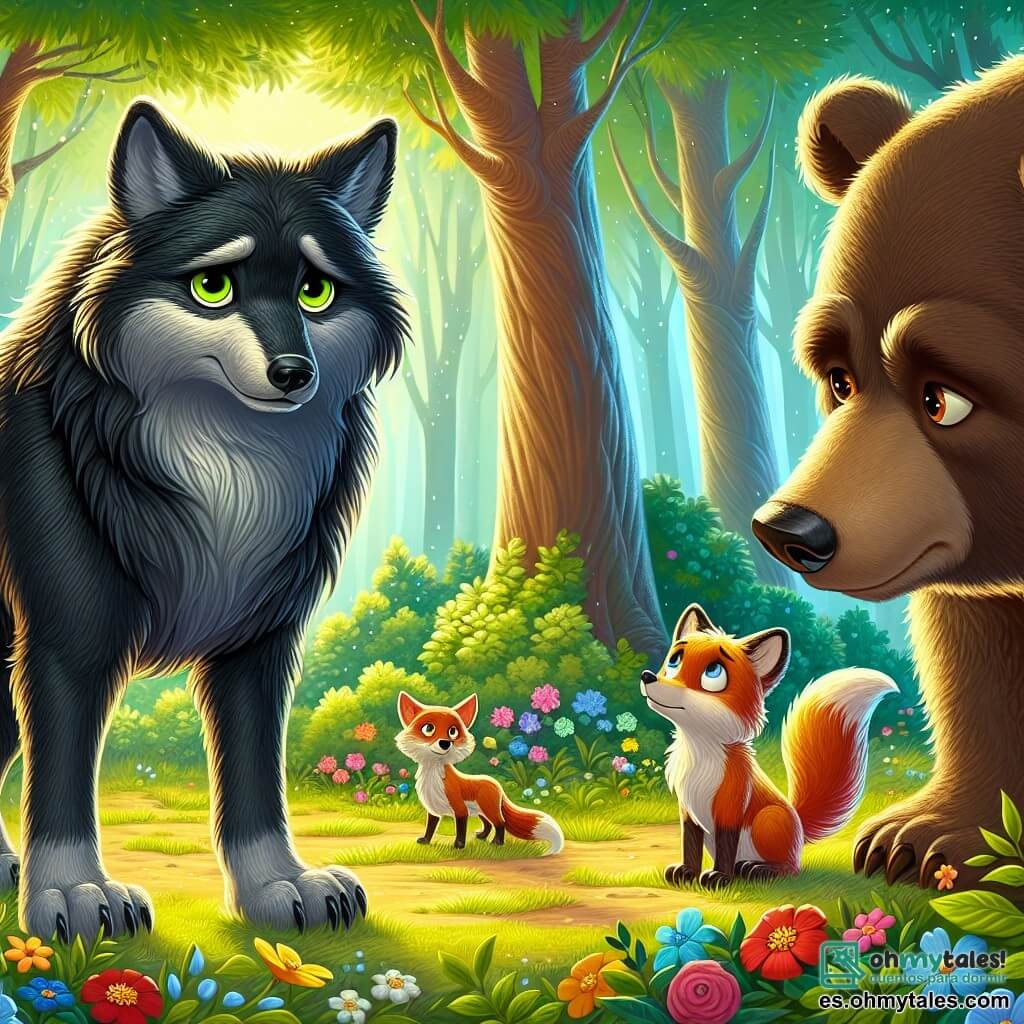 Ilustración que representa a un gran lobo de pelaje negro como la noche, con ojos brillantes y penetrantes, mostrando una expresión de tristeza y vulnerabilidad. Se encuentra en el centro de un claro, con las orejas ligeramente caídas, como si intentara hacerse entender. A su lado, un imponente oso de pelaje marrón y ojos dulces mira al lobo con compasión, su postura tranquilizadora refleja su deseo de ayudar. Un pequeño zorro astuto, con pelaje rojizo brillante y ojos traviesos, observa la escena con curiosidad y esperanza. El lugar principal es un claro verde, rodeado de majestuosos árboles de hojas verdes brillantes, donde la luz del sol filtra a través de las ramas, creando patrones danzantes en el suelo. Flores coloridas salpican el suelo, añadiendo un toque de magia al entorno. La situación principal muestra al lobo, que busca redimirse y explicar su historia a los otros animales del bosque, que lo escuchan atentamente. Elementos gráficos adicionales incluyen aves posadas en las ramas, cantando suavemente, y mariposas revoloteando, simbolizando la esperanza y la paz que renacen en el corazón del lobo y de los otros animales.