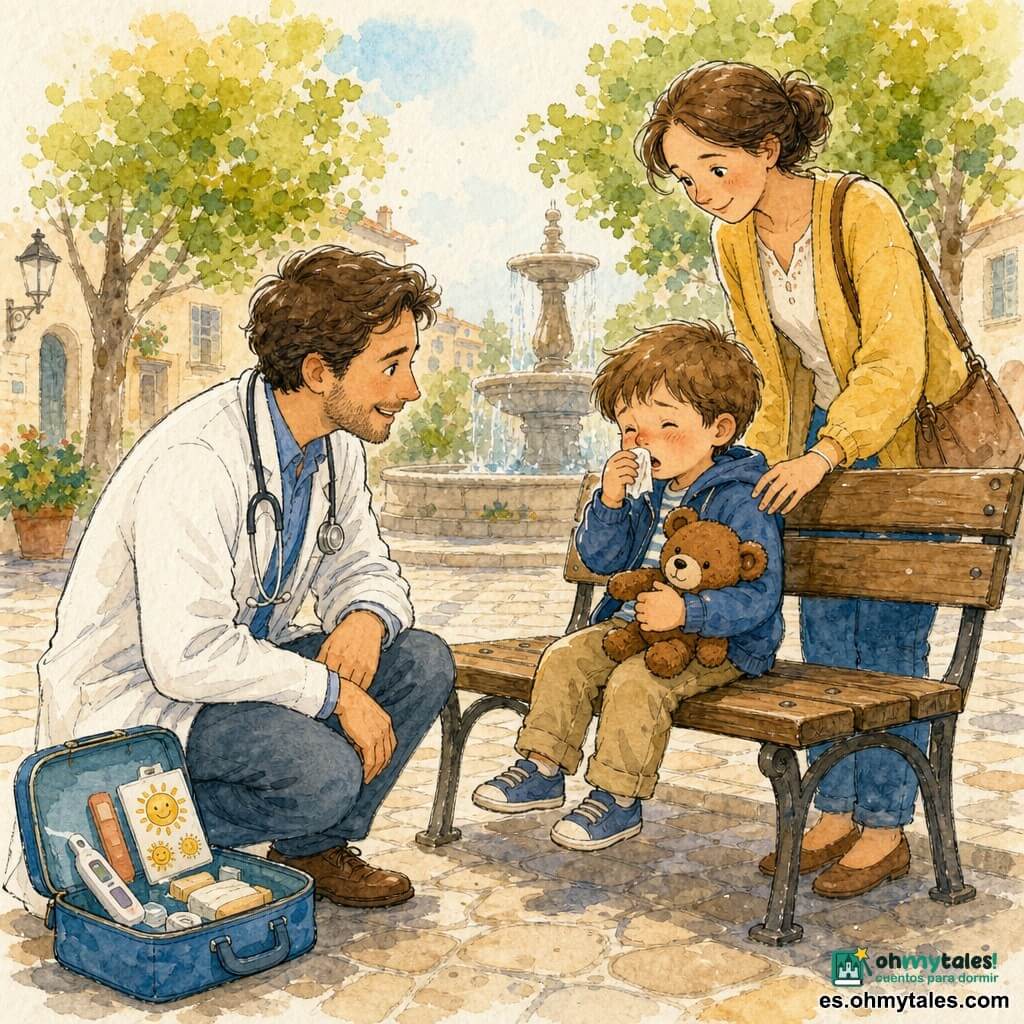 Un médico sonriente y sereno, arrodillado para estar a la altura del niño, bata blanca ligeramente arrugada y estetoscopio plateado al cuello; maletín azul abierto junto a él con instrumentos ordenados. Un niño (Tomás), de 3–4 años, abrazando su osito marrón, nariz algo roja y sentado en un banco de madera, tímido pero reconfortado. La madre, adulta, con el pelo recogido y una sonrisa tranquilizadora, de pie detrás del banco con la mano sobre el hombro del niño. Ambiente: pequeña plaza empedrada con una fuente redonda y árboles verdes, luz suave de tarde y algunas hojas cayendo. Acción: el médico pone con ternura el estetoscopio en el pecho del niño; en el maletín se ven termómetro, tiritas y una hoja de pegatinas con un sol sonriente. Estilo: trazos finos de tinta y lavados de acuarela cálida (azules, verdes y amarillos), textura de papel y composición simple y legible para niños.
