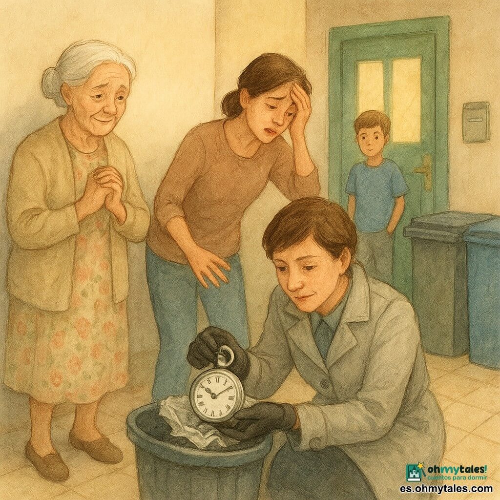 Detective de unos 45 años, pelo corto castaño, abrigo gris claro, mirada concentrada y amable, arrodillada sacando con guantes un pequeño despertador plateado envuelto en papel aluminio de la basura; abuela de unos 75, pelo blanco recogido en moño, vestido floreado y cárdigan beige, de pie a la izquierda con las manos juntas en el pecho, emocionada y aliviada; madre de unos 40, pelo castaño recogido, ropa informal, inclinada sobre el cubo con una mano en la frente y la otra alcanzando el reloj, avergonzada y aliviada; niño de 12 años, pelo corto, camiseta azul, al fondo en el rellano con manos en los bolsillos, curioso y aliviado; lugar: vestíbulo modesto con suelo de baldosas beige, puerta verde, contenedores de reciclaje gris y azul, buzón en la pared y luz suave de tarde entrando por la puerta acristalada; escena de revelación y reconciliación, atmósfera de alivio, colores pastel, acuarela suave y difuminada alrededor de los personajes, detalles nítidos en el reloj plateado brillante, migas de papel aluminio y una pequeña fibra verde en una esquina del papel; estilo: acuarela tierna, trazos finos, paleta cálida y suave, composición centrada en las manos y el reloj, expresiones empáticas.