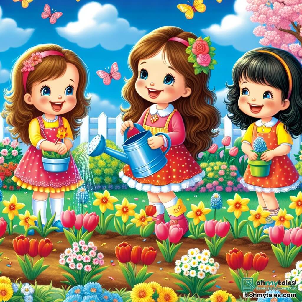 In un giardino in piena fioritura, una bambina di quattro anni, Sofia, con lunghi capelli castani, indossa un vestito colorato e sorride, tenendo un piccolo annaffiatoio. Accanto a lei, le sue due amiche, Giulia e Marta, anch'esse di quattro anni, sono vestite con abiti vivaci e ridono gioiosamente. Giulia ha capelli biondi e ricci, mentre Marta ha capelli lisci e neri. Sono tutte e tre accovacciate attorno a un'aiuola di terra, dove la loro mamma, una donna sorridente con capelli castani, le aiuta a piantare semi di fiori. Il giardino è pieno di fiori dai colori vivaci: tulipani rossi, narcisi gialli e margherite bianche, mentre un grande albero fiorito si erge sullo sfondo, con i rami carichi di fiori rosa. Il cielo è blu e soleggiato, con alcune nuvole bianche che fluttuano. La scena principale mostra le tre bambine mentre piantano fiori insieme, ridendo e aiutandosi a vicenda, mentre la mamma le incoraggia con un sorriso benevolo. L'atmosfera è gioiosa e piena di vita, simboleggiando l'arrivo della primavera e l'amicizia.