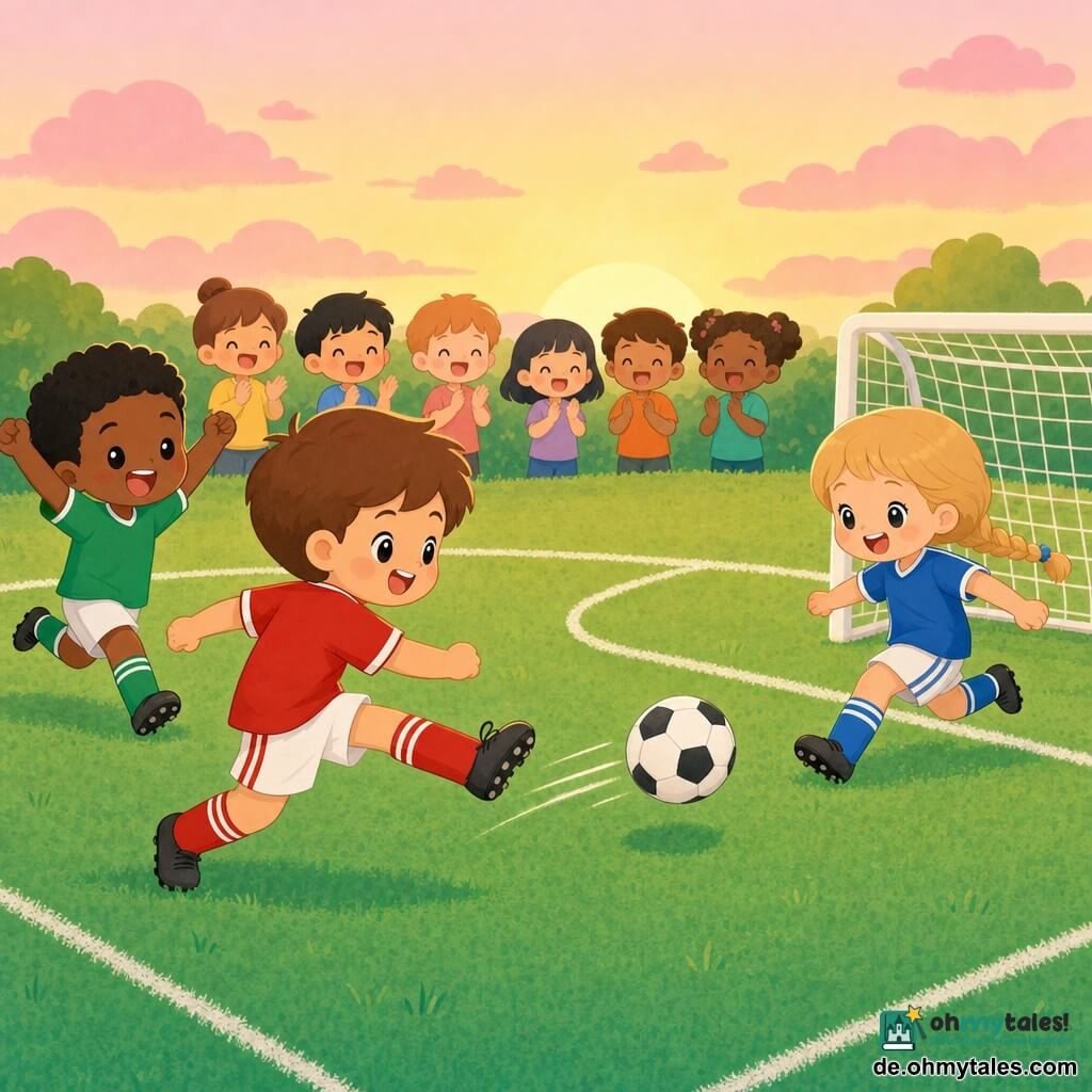 Ein fröhliches, sicheres Bild im minimalistischen Kawaii-Stil: Jon (ca. 8 Jahre, kurze braune Haare, rotes Trikot, weißer Short) gibt mit dem rechten Fuß eine decisive Pass, Mia (ca. 8 Jahre, blonde geflochtene Haare, blaues Trikot) fängt den Ball nahe dem Strafraum und bereitet einen Schuss vor, Max (ca. 8 Jahre, schwarze Haare, grünes Trikot) läuft links hinter Jon und hebt die Arme zum Anfeuern; im Hintergrund applaudiert eine kleine Gruppe Kinder, grüner Rasen mit klaren weißen Linien, kleines weißes Stahltor mit leichtem Netz, sanfter Sonnenuntergangshimmel mit rosa Wolken, warme Spätlichtstimmung, kräftige Pastellfarben, feine Konturen, einfache runde Formen.