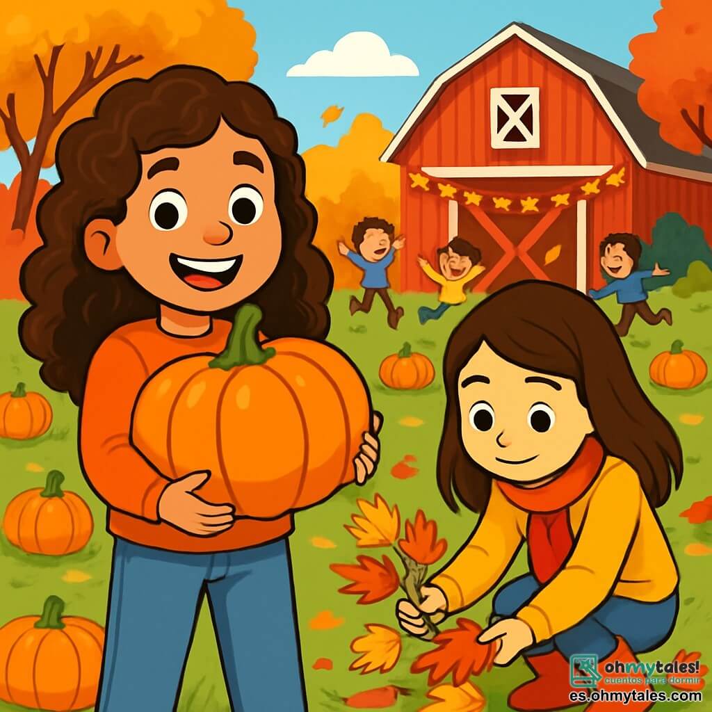 Hay 2 personajes principales: Lucía, una niña de 10 años con largos cabellos castaños rizados, que lleva un suéter naranja y unos jeans, sonríe alegremente mientras sostiene una gran calabaza naranja; y Martina, una niña de 10 años con cabello liso y castaño, que lleva una bufanda roja y botas de goma, y está recogiendo hojas de colores del suelo. La escena se desarrolla en un gran campo de la granja, rodeado de árboles con hojas brillantes de rojo, naranja y amarillo. Al fondo, hay un gran granero rojo bajo un cielo azul claro, y calabazas están esparcidas sobre la hierba verde. Niños juegan alrededor, riendo y corriendo, mientras guirnaldas de hojas decoran el granero. La situación principal muestra a Lucía y Martina emocionadas, preparando la fiesta de la cosecha, recolectando hojas de colores para hacer guirnaldas, rodeadas de amigos que ríen y juegan en las hojas caídas.
