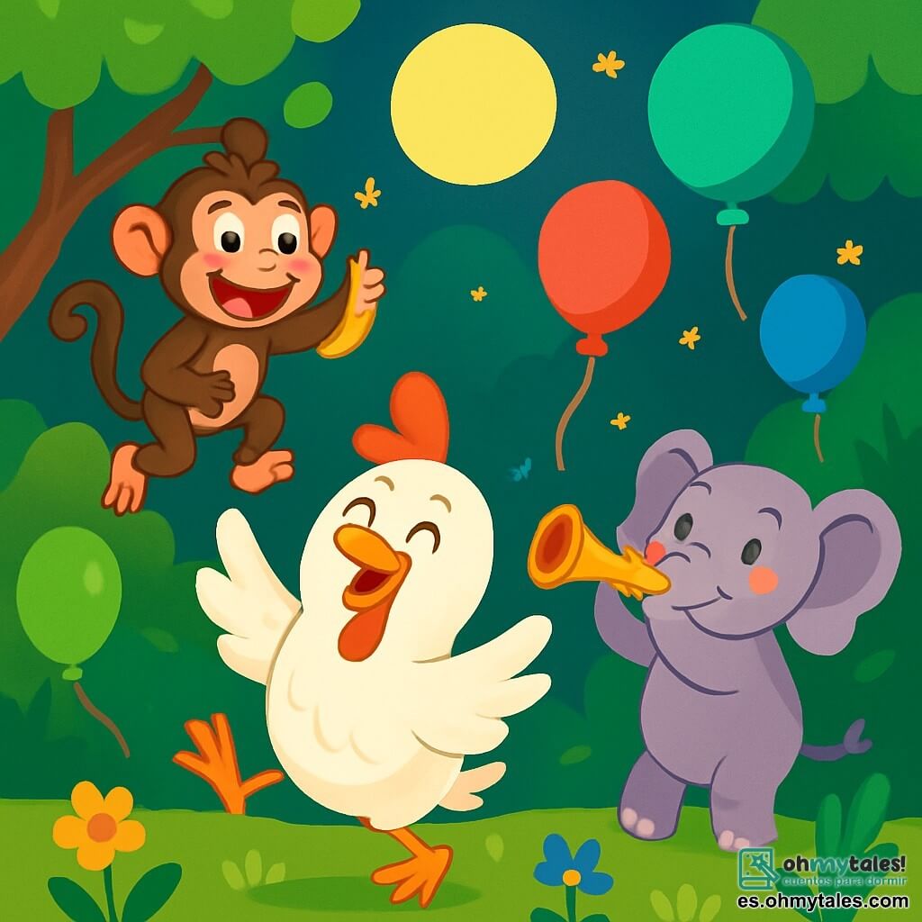 Una gallina alegre llamada Paca, con plumas blancas brillantes y un pequeño pico naranja, baila con una gran sonrisa en su rostro. Sus ojos brillan de felicidad mientras intenta atrapar un globo rojo que se eleva. A su lado, un mono travieso llamado Tito, con pelaje marrón y ojos pícaros, salta de rama en rama riendo, sosteniendo una banana en su mano. No muy lejos, una elefanta graciosa llamada Rita, con grandes orejas y una trompa curiosa, toca la trompeta, creando una melodía alegre. La escena se desarrolla en un bosque exuberante, lleno de árboles verdes, flores coloridas y luces brillantes de la luna. En el centro de la imagen, Paca y sus amigos se divierten atrapando globos que flotan a su alrededor, creando una atmósfera festiva y llena de risas.