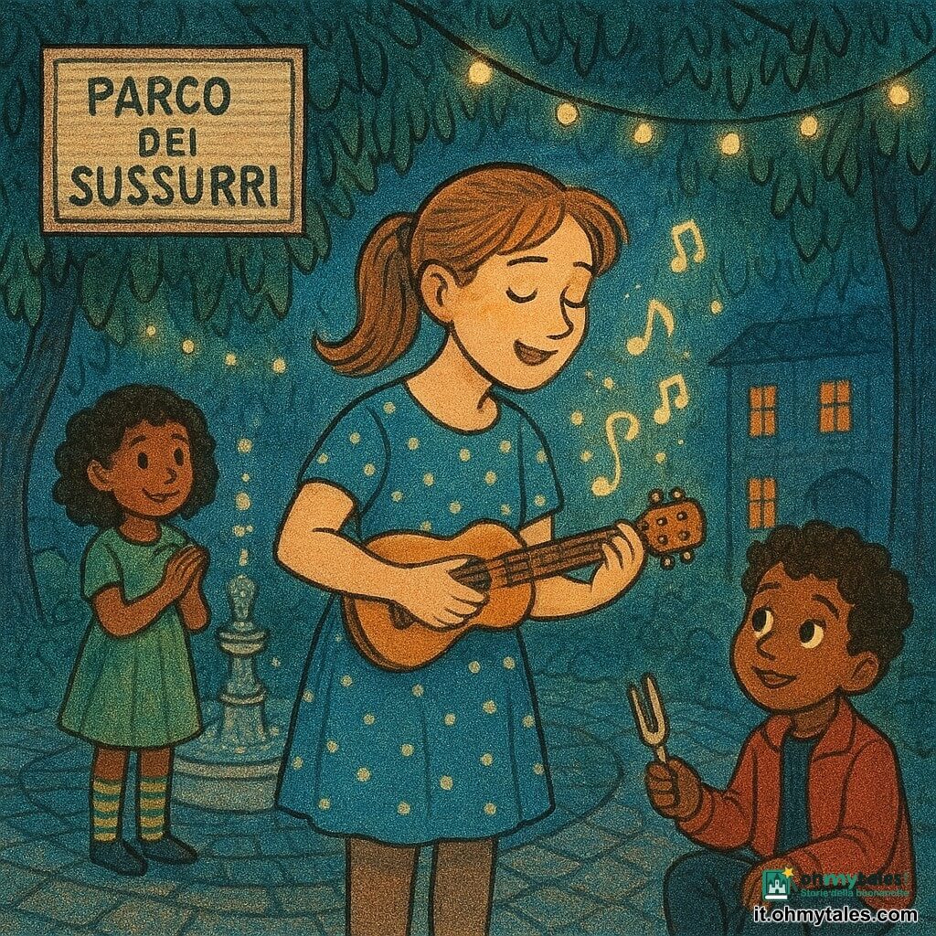 Livia, cantante e musicista sorridente con capelli castano chiaro raccolti in coda e vestito blu a pois, suona una piccola chitarra in legno lucido inclinando la testa a cantare; il suo volto è illuminato da una luce dorata. Alla sua destra un ragazzo di circa 8 anni, capelli ricci e giacca rossa, è seduto a terra con gli occhi meravigliati tenendo un diapason argentato; alla sinistra una bambina di circa 6 anni in vestito verde e calzini a righe sta vicino a una fontana zampillante applaudendo timidamente. Siamo nel Parco dei Sussurri: viale lastricato lucente, alberi dalle foglie verde smeraldo che pendono, piccole luci sospese e una fontana di pietra. Livia canta una ninna nanna calmante, le note appaiono come bolle luminose che fluttuano verso le finestre vicine, atmosfera calda e notturna in toni blu e oro.