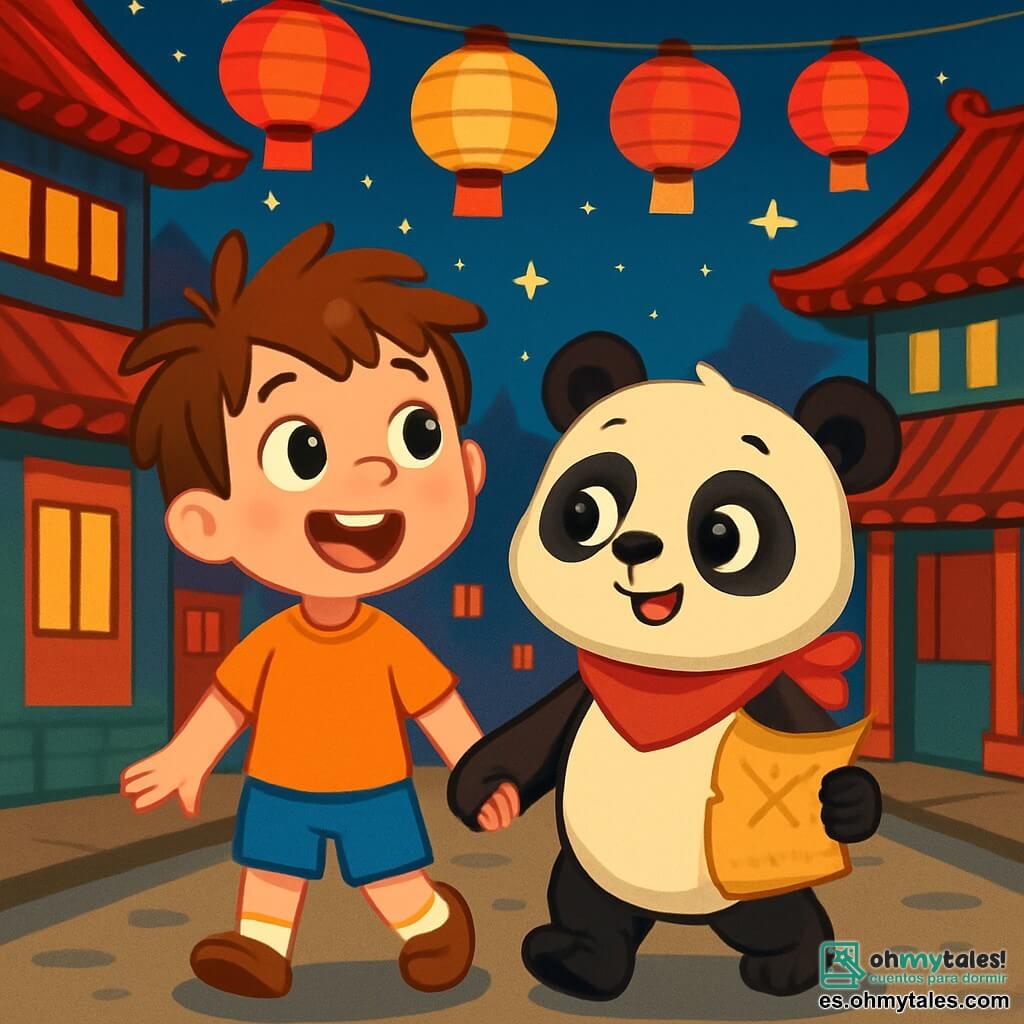 Un niño de 4 años, con el cabello castaño despeinado y una gran sonrisa maravillada, sostiene la mano de un panda llamado Lili, que lleva una bonita bufanda roja alrededor del cuello. Están en medio de una calle animada de Pekín, rodeados de farolillos coloridos que iluminan la noche. Las casas tradicionales con techos rojos de puntas elegantes se alzan a su alrededor, creando un ambiente mágico. Leo mira a su alrededor, con los ojos brillantes de curiosidad, mientras Lili, con una mirada traviesa, sostiene un papel brillante en sus patas, lista para comenzar su búsqueda del tesoro escondido.