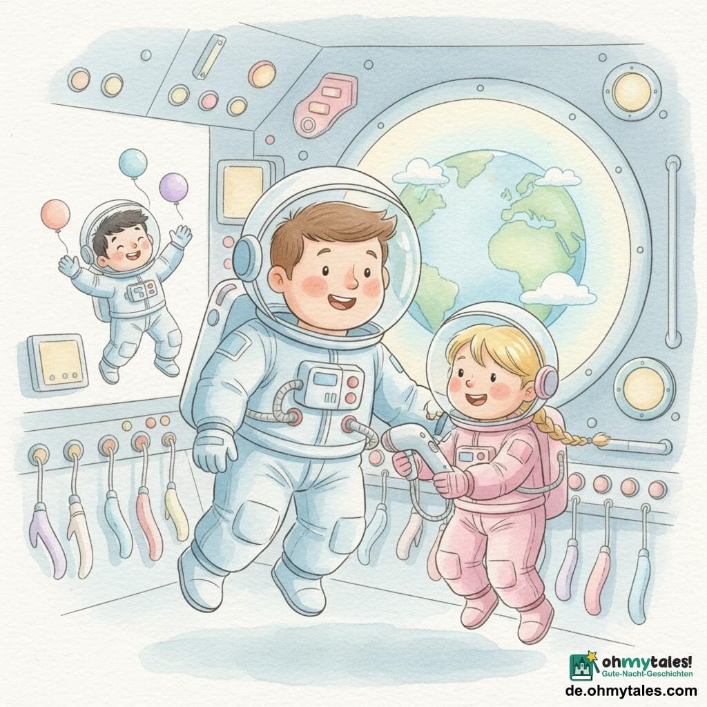 Ein lächelnder, erstaunter Astronaut mit rundem Gesicht und kurzen braunen Haaren in großem transparentem Helm und hellblauem Raumanzug mit weißen Details schwebt nahe einem Bullauge und blickt zur Erde; ein etwa 8-jähriges Mädchen mit blonden Zöpfen in einem kleinen rosa Anzug hält rechts neben ihm ein schwebendes Werkzeug zur Hilfe, ein etwa 6-jähriger Junge mit schwarzen Haaren und fröhlichen Augen schwebt links im Hintergrund und spielt mit bunten Luftballons; die Kabine zeigt bunte runde Knöpfe, leuchtende Bildschirme und Reihen von Werkzeugen an Bändern, weiche Texturen und aquarellartige Schatten; durch das Bullauge ist die Erde rund, blau-grün mit bauschigen weißen Wolken und sehr hell sichtbar; ruhige, fröhliche Szene in Pastellfarben mit sanften Konturen, leichten Kontrasten und einer Atmosphäre von Entdeckung und Freundschaft.