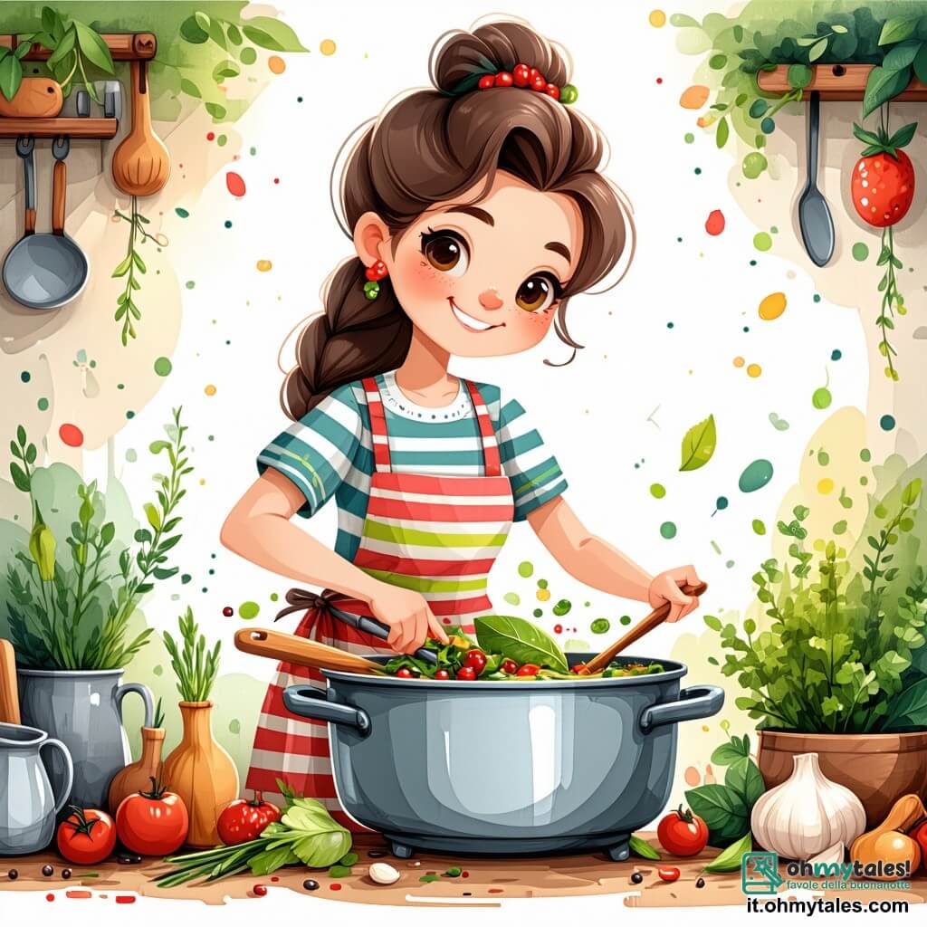 Una cuoca gioiosa, Isabella, è al centro dell'immagine. È una donna di circa trent'anni, con lunghi capelli castani raccolti in uno chignon, che indossa un bel grembiule colorato a righe. Il suo viso irradia felicità mentre mescola una grande pentola di zuppa, circondata da erbe fresche e ingredienti colorati. Accanto a lei, Marco, un bambino di 8 anni con capelli ricci e occhi brillanti, tiene un mazzo di basilico appena raccolto, con un grande sorriso. Proprio accanto, Giulia, una bambina di 7 anni con capelli biondi e trecce, osserva la pentola con meraviglia, le mani sui fianchi, impaziente di assaporare la zuppa. La scena si svolge nella cucina accogliente del ristorante "La Magia dei Sapori", con pareti in legno, scaffali pieni di barattoli di spezie colorate e finestre che lasciano entrare la luce del sole. Isabella e i bambini stanno preparando una zuppa magica, ridendo e condividendo storie mentre aggiungono erbe aromatiche nella pentola, creando un'atmosfera di cameratismo e creatività culinaria.