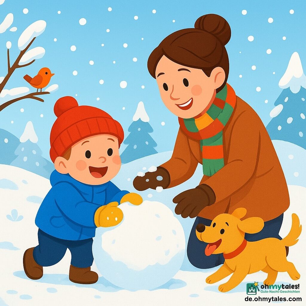 Ein kleiner Junge von 2 Jahren, Max, mit rosigen Wangen und funkelnden Augen, lächelt fröhlich, während er einen großen Schneeball rollt. Er trägt eine glänzende blaue Jacke, eine rote Mütze und gelbe Handschuhe, seine kleinen Hände sind voller Schnee. Neben ihm hilft seine Mama, eine etwa 30-jährige Frau mit braunen Haaren im Dutt und einem breiten Lächeln, indem sie Schnee zum Ball hinzufügt. Sie trägt einen warmen Mantel und einen bunten Schal und beugt sich leicht zu Max. Die Szenerie ist eine bezaubernde Winterlandschaft mit schneebedeckten Bäumen, einem hellblauen Himmel und sanft fallenden Schneeflocken. In der Ferne sind weiße Hügel und ein kleiner Vogel auf einem Ast zu sehen, was dieser friedlichen Szene Leben verleiht. Die Hauptsituation zeigt Max und seine Mama, die einen Schneemann bauen, umgeben von Lachen und Freude, während der Familienhund, ein kleiner Golden Retriever, um sie herumläuft und vor Glück bellt.