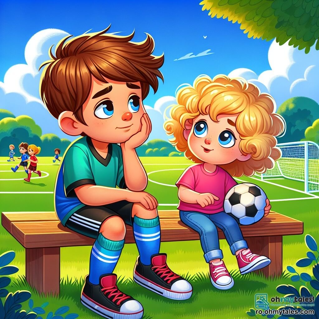 Un tânăr, Alex, stă pe o bancă în parc, cu un zâmbet melancolic. Poartă un tricou de fotbal albastru și pantaloni scurți negri, iar părul său brun este ușor dezordonat de vânt. Lângă el, o fetiță de 8 ani, cu părul blond și creț, îl privește admirativ, ținând în mâini un mingea de fotbal roșie. Ea poartă un tricou roz și blugi confortabili, părea nerăbdătoare să joace. În fundal, un teren de fotbal verde se întinde sub un cer albastru strălucitor, cu copaci verzi pe marginea terenului. Alex îi oferă fetiței sfaturi despre fotbal, arătându-i cum să dribleze mingea și împărtășindu-i pasiunea pentru joc.