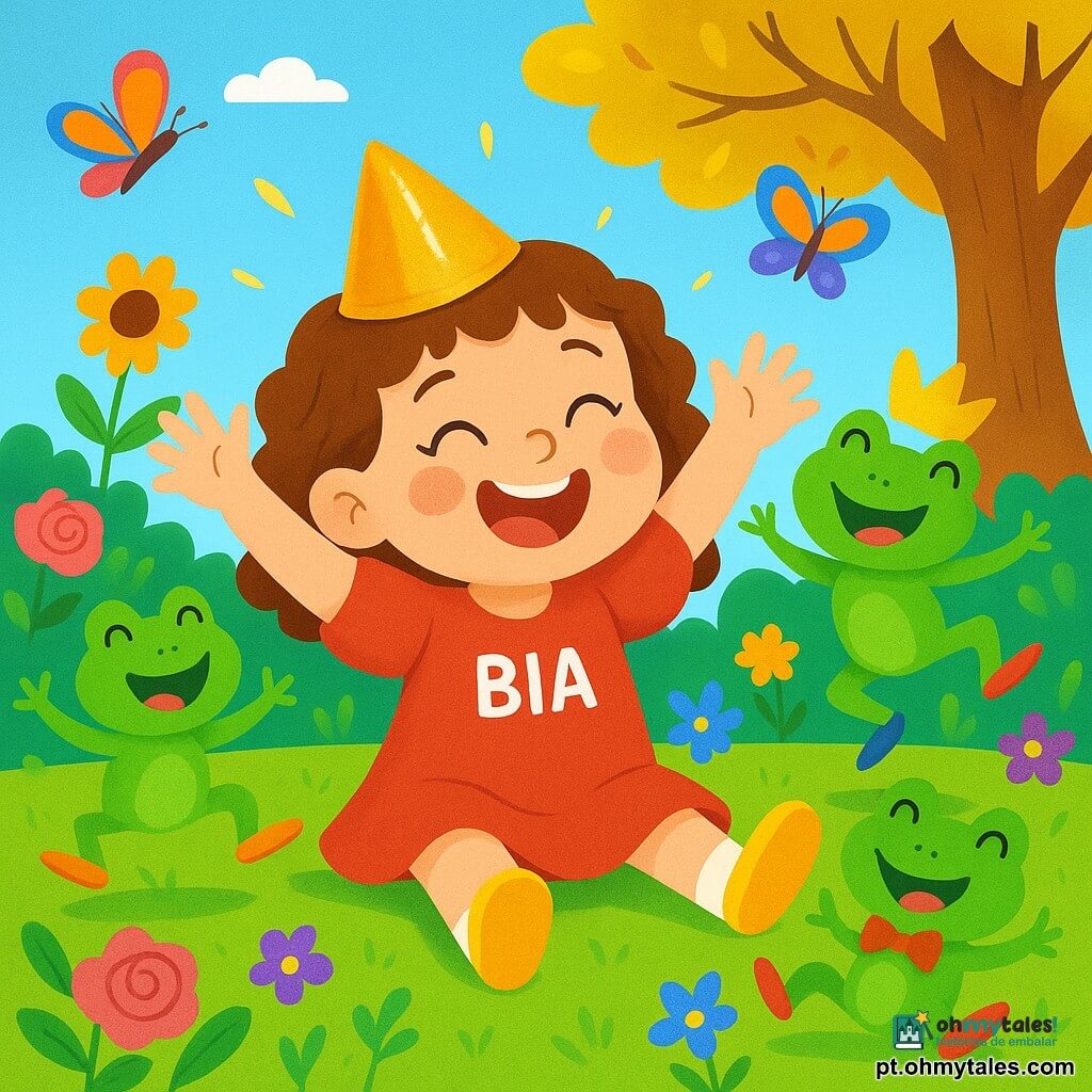Uma menina de 2 anos, chamada Bia, com grandes olhos sorridentes e cabelos cacheados castanhos, usa um chapéu brilhante na cabeça. Ela está sentada na grama verde, rindo alto, com os braços levantados em sinal de alegria. Ao seu redor, vários sapos verdes, vestidos com pequenos sapatos coloridos, pulam alegremente. Um dos sapos, com uma pequena coroa de papel, faz uma pirueta ao lado de Bia, enquanto outro, com uma gravata borboleta vermelha, se prepara para cair de costas, com as patas para cima. O local é um jardim mágico, cheio de flores vibrantes, como rosas rosas, girassóis amarelos e violetas azuis. Borboletas coloridas voam ao redor, e uma grande árvore com folhas douradas se ergue ao fundo, acrescentando um toque de fantasia à cena. A situação principal mostra Bia e os sapos em uma dança alegre, com o chapéu brilhante girando em sua cabeça, criando uma atmosfera de festa e magia, onde risos e alegria se misturam em um momento encantador.