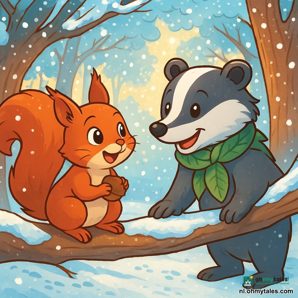 Pip, een klein eekhoorn met een roodachtige vacht en een pluizige staart, zit op een met sneeuw bedekte tak, zijn gezicht straalt nieuwsgierigheid en verwondering uit. Hij kijkt met glanzende ogen naar de scène onder hem, zijn kleine pootjes om een hazelnoot geklemd. Korneel, een oude das met een grijze vacht en wijze ogen, staat naast hem op een andere tak, met een warme en bemoedigende glimlach. Hij draagt een sjaal van bladeren en lijkt klaar om een fascinerend verhaal over de winter te delen. De plek is een betoverde open plek, omringd door grote bomen met takken vol schitterende sneeuw, waar het zachte winterzonlicht door de bladeren filtert. De grond is bedekt met een dikke laag sneeuw, bezaaid met sporen van dieren en kleine afdrukken. Pip en Korneel zijn vrolijk aan het praten terwijl de sneeuw zachtjes om hen heen valt, wat een magische en vredige sfeer creëert, vol beloftes van winteravonturen.