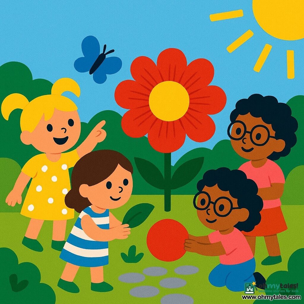 Four 5-year-old girls in a saturated enclosed garden stand close and smile around a glowing, large red velvet-textured magical flower on a stone path: on the left a blonde in bright pigtails and a yellow polka-dot dress points at a blue butterfly; center-left a short-haired brown-haired girl in a striped dress and bright green shoes parts leaves to reveal a small green iron grate; center-right a curly black-haired girl with round glasses and a pink tee pushes a shiny red ball toward the flower; on the right a chestnut-haired girl in an orange skirt holding a beige cuddly toy claps and gazes in wonder under a pale blue sky with soft sunlight.