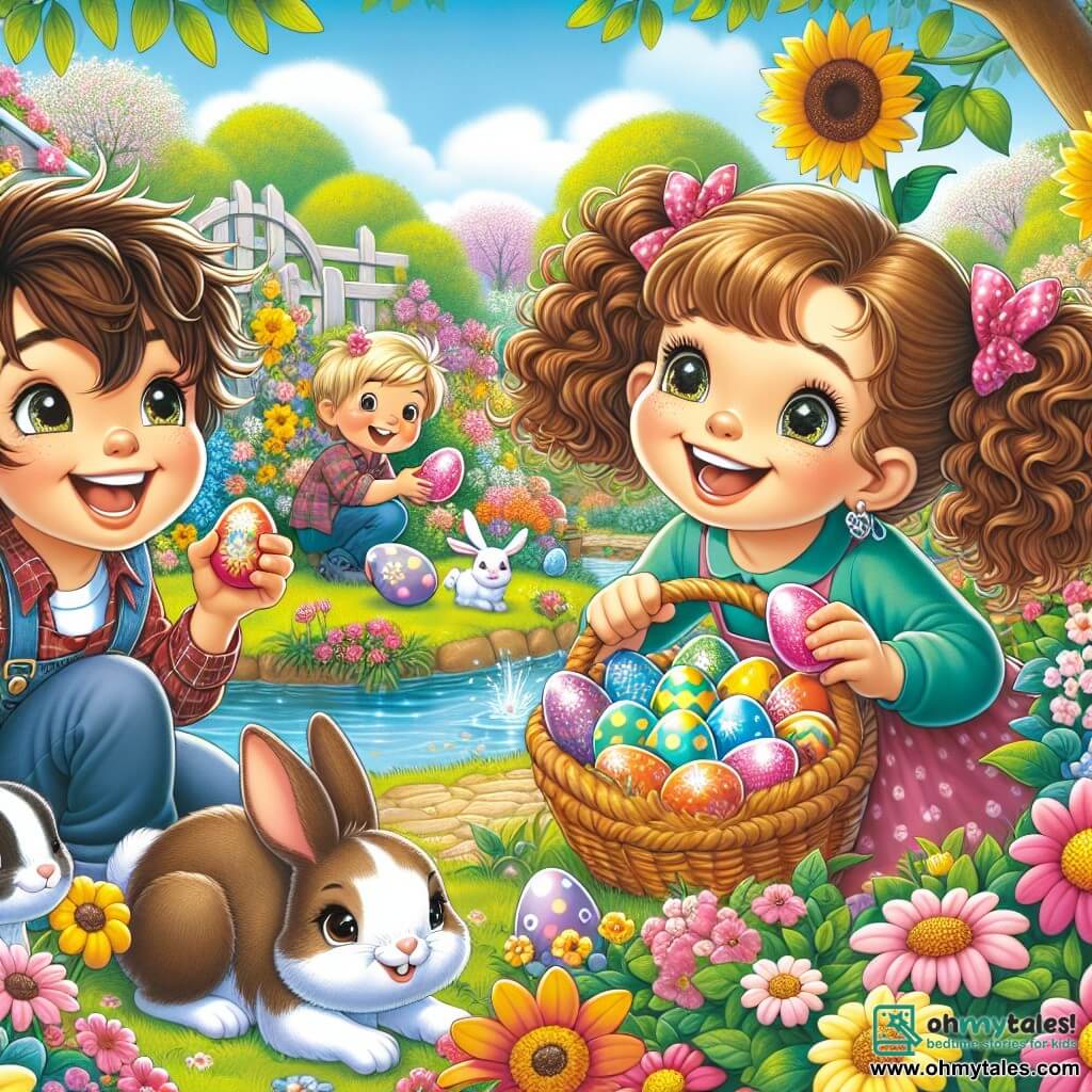A 10-year-old girl named Lily, with curly brown hair in bouncy pigtails, smiles with sparkling eyes of joy. She is crouched in a colorful garden, holding a basket filled with shiny Easter eggs, surrounded by vibrant flowers and curious little bunnies. Next to her, Max, a 9-year-old boy with messy blond hair and a big smile, is looking for eggs behind a tall sunflower, laughing with happiness. Emma, a 10-year-old girl with long brown hair, is sitting by a pond, holding a pink egg she just found, with a look of wonder on her face. The garden is a true spring tableau, with multicolored flowers, blooming trees, and a clear blue sky. The scene captures the excitement of an Easter egg hunt, filled with laughter and magical discoveries as the children explore every corner of the garden in search of hidden treasures.