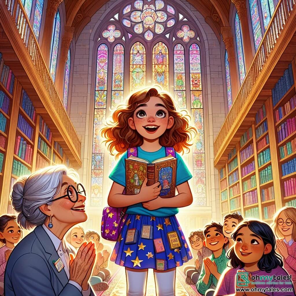 A 10-year-old girl, Lila, stands in a bright library, her eyes sparkling with excitement and a wide smile on her face. She has curly brown hair and wears a blue t-shirt with a book pattern, along with a small backpack decorated with golden stars. Lila holds an open book in her hands, her cheeks slightly flushed with enthusiasm. Next to her, an elderly woman, Mrs. Bell, the librarian, around 60 years old, has silver hair and round glasses. She smiles warmly at Lila, holding a book in one hand and a bookmark in the other, ready to assist her. The library is spacious, with large wooden shelves filled with colorful books, beams of light filtering through beautiful stained glass windows, creating colorful patterns on the soft carpeted floor. The main scene shows Lila reading aloud in front of a small group of children, her face radiating confidence and joy, while the others listen attentively, applauding enthusiastically at the end of her reading.