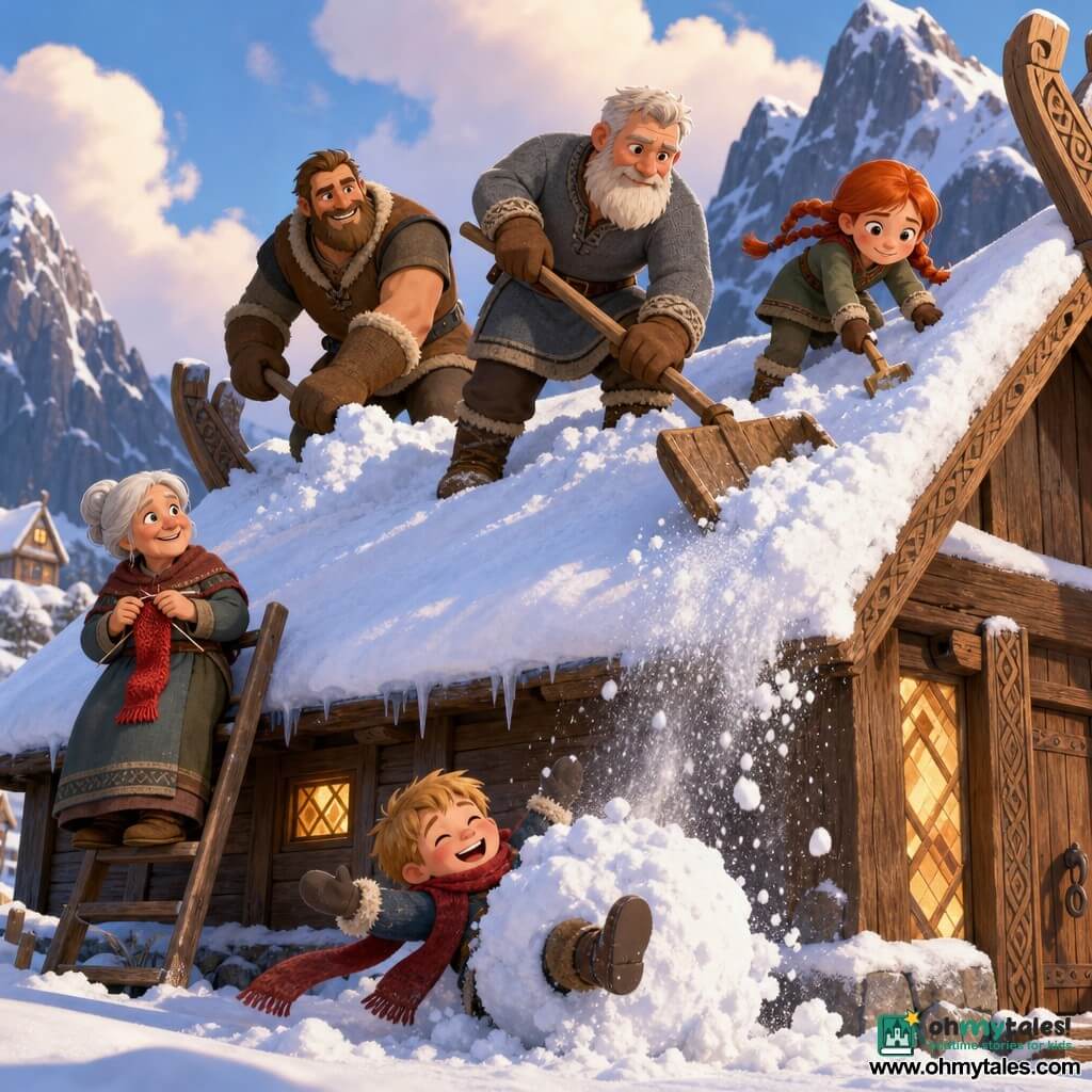 A man named Sten, white-bearded with short gray hair and a warm determined expression, wears a gray wool tunic and uses a large wooden shovel to clear snow from the longhouse roof; to his right, Freya, an about-8-year-old girl with red braided hair, playful and focused, climbs cautiously with a small shovel; behind Sten, Harald, about 35, broad-shouldered and robust with thick mittens and a smile, helps push snow toward the roof edge; to the left, Liv, about 70 with white hair in a bun and bright eyes, stands on a ladder knitting a red scarf during a pause; at the foot of the house, Erik, about 6, chubby and laughing, tumbles into a soft snowball; the setting is a snowy Nordic village beneath dark mountains, a massive wooden longhouse with Viking carvings and a thick glittering roof, a few houses and an old shed in the pale winter sky, villagers working together with shovels as powdery snow flies in small clouds and warm light glows from the longhouse windows.