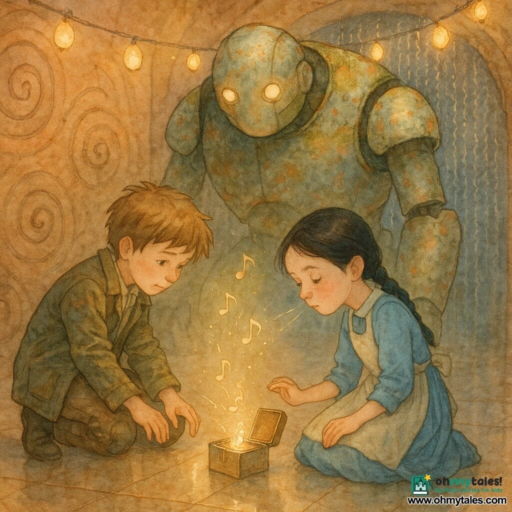 There are three characters: Caspian, a roughly 10-year-old boy with tousled light-brown hair, a stained brown-green canvas jacket and patched knees, crouched left of the scene with his hands on a small open music box; Mira, about 9, with black braided hair in a pale blue dress and beige apron, seated to the right of the box, tilting her head and softly winding the toy; and an old golem, an ancient patinated metal creature of imposing height—silvered metal streaked with copper and golden moss, pale filament eyes—standing center-rear and leaning gently toward the children as if listening. The setting is an underground chamber called the Chamber of Echoes: bronze walls engraved with spiral runes, polished reflective flagstones, floating lantern garlands casting warm light, half-open silver-chain curtains at the back, a humid, glossy, mechanical-cave atmosphere. The scene: the children repair and wind the small music box on the floor; a melody emerges as visible golden notes while the golem inclines its head in tenderness; a quiet, intimate, science-fantasy moment with drifting light dust and fine mechanical sparks.