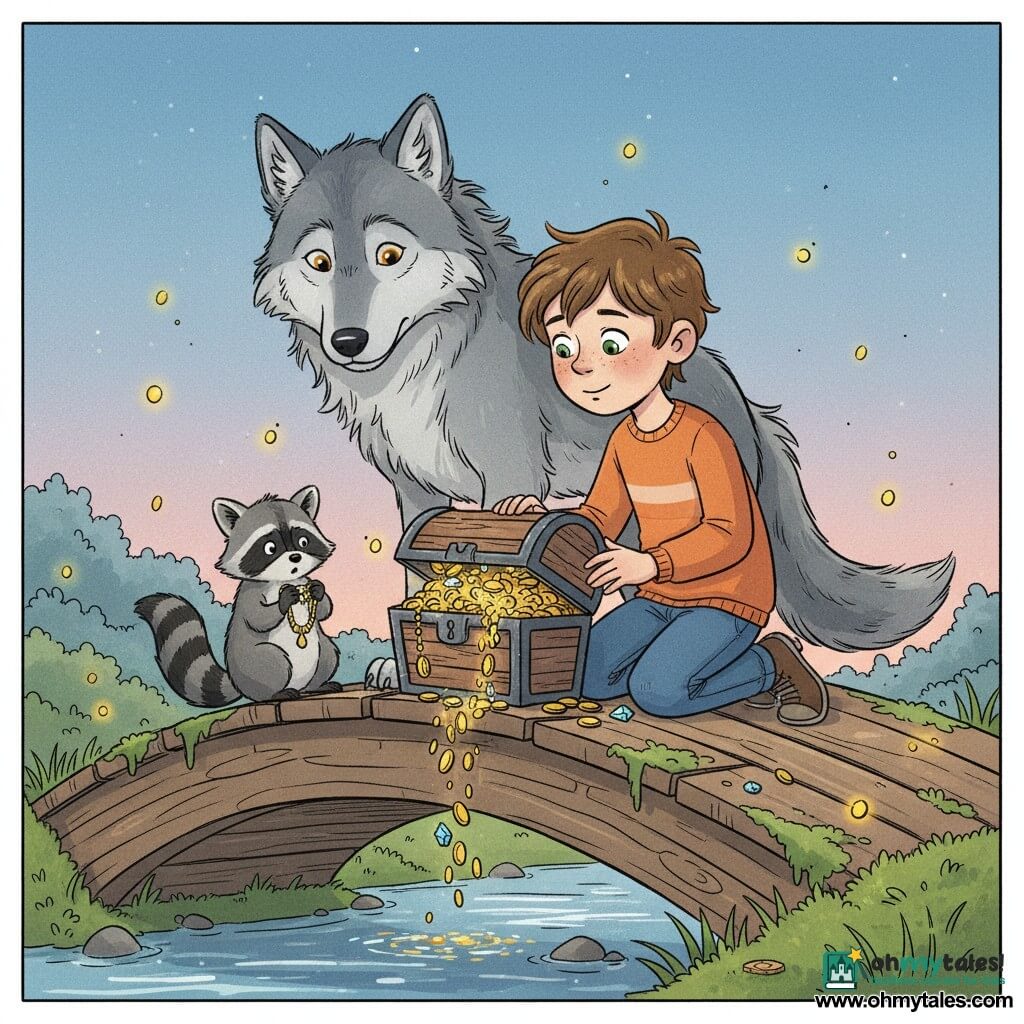 A brave, compassionate 10-year-old boy with a bright face, green eyes, freckles and messy brown hair kneels to open a small wooden chest spilling golden coins and sparkling jewels; behind him stands a gentle grey wolf with amber eyes and slightly tousled fluffy fur, nose toward the chest; a small mischievous raccoon with black-and-gray striped fur, holding shiny trinkets, crouches nearby looking surprised and ashamed; they are on an old curved wooden bridge over a shimmering stream with cracked planks, green moss, floating fireflies and a twilight blue-and-pink sky; scene: the dusk discovery of stolen treasure, shifting from mild tension to understanding, with scattered shiny objects and expressions of surprise and forgiveness.