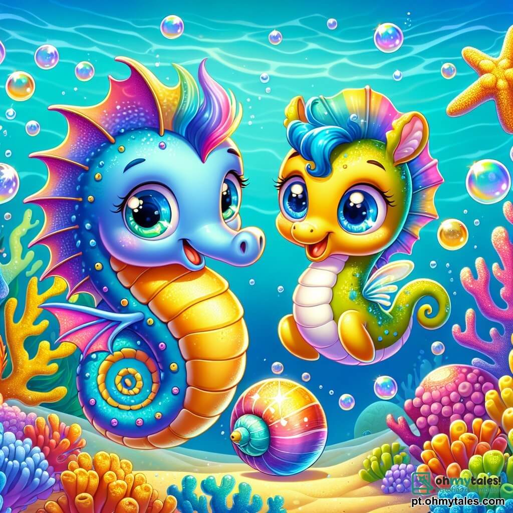 Um pequeno dragão-marinho chamado Lumil, com escamas brilhantes nas cores do arco-íris, nada alegremente em um mar turquesa, seus olhos brilhando de curiosidade e empolgação. Ao seu lado, um simpático cavalo-marinho chamado Zuli, com um tom dourado e nadadeiras delicadas, sorri entusiasticamente, seus olhos redondos cheios de amizade. O fundo da imagem mostra um reino submarino mágico, repleto de corais multicoloridos, peixes cintilantes e bolhas douradas flutuando ao redor deles. No centro, uma grande concha brilhante emite um brilho suave, simbolizando o tesouro escondido. Lumil e Zuli se dirigem para essa concha, prontos para proteger o livro dos segredos do mar, com expressões determinadas em seus rostos.