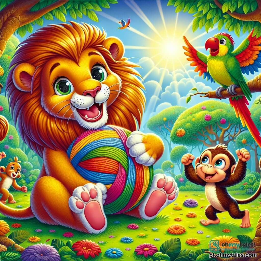Um majestoso leão chamado Leo, com uma juba dourada e brilhante e olhos cheios de curiosidade, está no centro da cena, sorrindo alegremente enquanto segura uma grande bola de pelos coloridos com suas patas. Ao seu lado, Toby, um pequeno macaco travesso com pelagem marrom e uma cauda longa e ágil, salta de alegria, com os braços levantados, pronto para brincar. Ao fundo, Zeca, um papagaio com penas vibrantes de verde e vermelho, dança equilibrado em um galho, com uma expressão divertida no rosto. A cena acontece em uma clareira ensolarada no coração de uma floresta encantada, cercada por árvores gigantes com folhas brilhantes e flores coloridas que dançam ao vento. No chão, raios de sol atravessam as folhas, iluminando o solo coberto de folhas e flores. Leo e seus amigos estão jogando uma partida de bola, rindo e se divertindo juntos, enquanto a floresta ecoa com suas risadas e a magia da amizade.