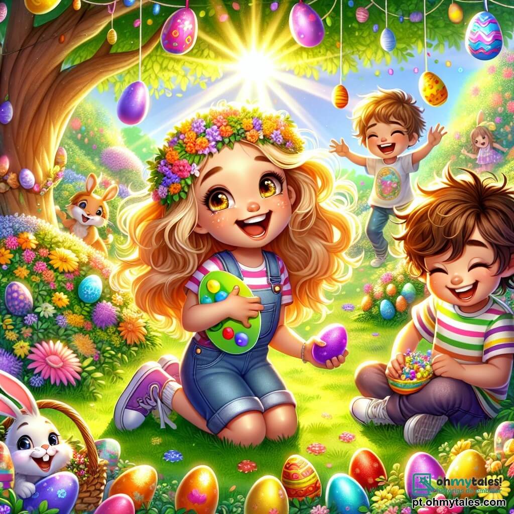 Uma menina de 12 anos, Sofia, com cabelos dourados como o sol e olhos brilhantes de alegria, está no centro da imagem, sorridente e cheia de entusiasmo, segurando uma paleta de cores vivas em uma mão e um ovo de Páscoa decorado na outra. Ao lado dela, seu amigo Tomás, um garoto de 12 anos com cabelos castanhos bagunçados e uma camiseta listrada, ri enquanto segura um ovo brilhante que acabou de encontrar, enquanto Inês, uma menina de 11 anos com cabelos cacheados e óculos redondos, se ajoelha para procurar um ovo escondido sob um arbusto florido. O cenário é um parque verdejante, repleto de flores coloridas e árvores majestosas, com raios de sol filtrando através das folhas, criando uma atmosfera alegre e festiva. A situação principal mostra Sofia e seus amigos em plena caça aos ovos, cercados de desafios divertidos, com o Coelho da Páscoa, um adorável porquinho branco, observando a cena com um sorriso cúmplice.