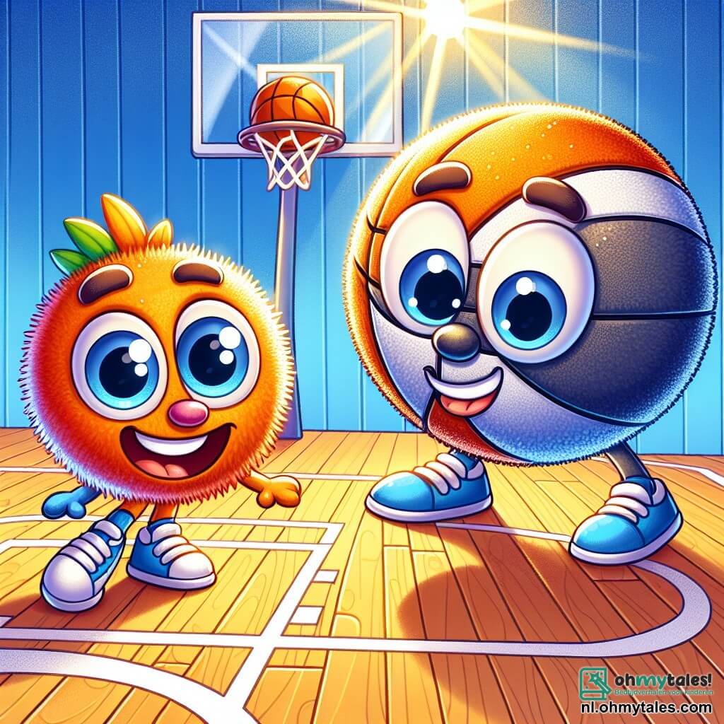 Benny, een energieke basketbal met een grote glimlach en sprankelende ogen, stuitert vrolijk op een basketbalveld, omringd door felle kleuren. Hij toont een uitdrukking van vreugde en opwinding, klaar om te spelen. Naast hem kijkt Boris, een grote, zware en ronde basketbal met een ruwe textuur en vriendelijke ogen, naar Benny met bewondering, met een vastberaden uitdrukking. Ze bevinden zich op een glanzend houten basketbalveld met goed afgebakende witte lijnen en kleurrijke baskets aan beide uiteinden. De zon schijnt door de ramen en verlicht de scène met warme licht. In deze illustratie werken Benny en Boris samen om een punt te scoren, waarbij Benny een dynamische sprong maakt om de bal naar Boris te passen, die zich voorbereidt om te schieten.