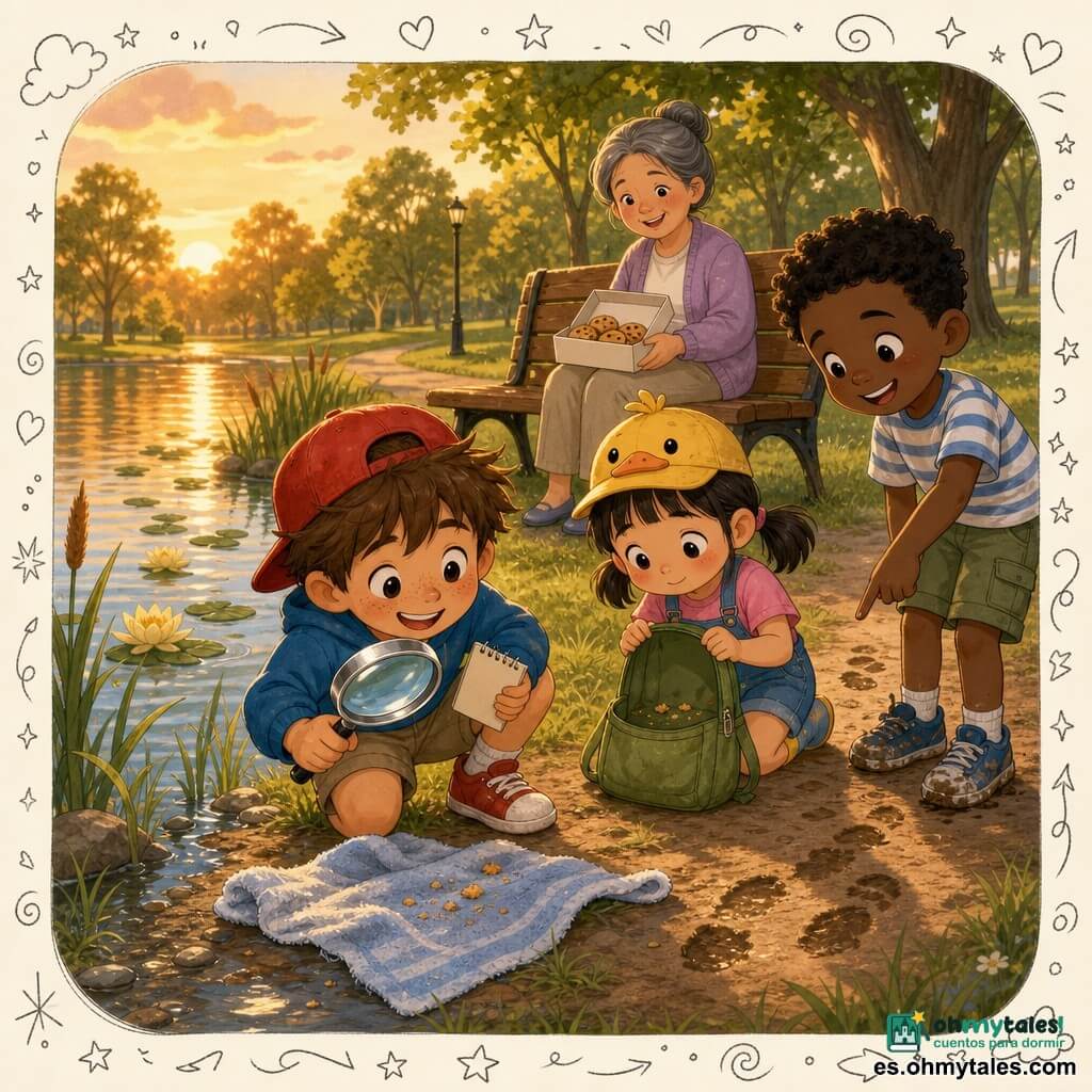 Un niño de 6 años, pelo castaño despeinado y gorra roja, rostro curioso y sonriente, inclinado junto a un estanque sostiene una lupa brillante y un pequeño cuaderno de dibujos; una niña de unos 5 años, con coletas y un sombrero con pato, mira tímidamente una toalla mojada en la orilla mientras sujeta una mini mochila verde abierta con migas; un niño de unos 7 años, con zapatos embarrados y camiseta de rayas, señala huellas húmedas en la tierra riendo; una vecina de unos 40 años, pelo gris recogido en moño, sonríe desde un banco de madera sosteniendo una caja de galletas; lugar: pequeño estanque de parque al anochecer con agua reflejando tonos naranja, juncos y nenúfares, césped algo húmedo y largas sombras; situación principal: el niño de 6 años descubre una toalla mojada junto al agua y examina las migas con su lupa mientras los demás lo rodean, luz dorada vespertina y ambiente tierno y alegre.