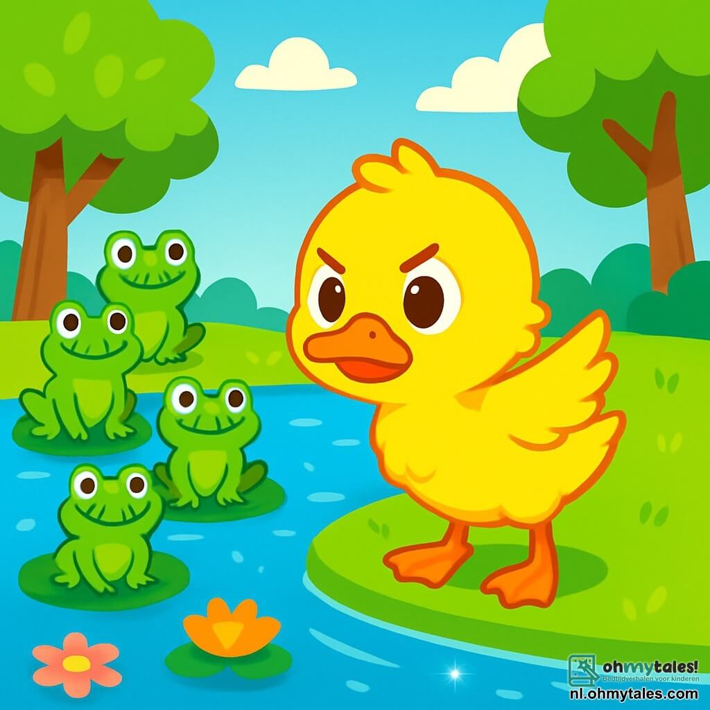 Flap, het kleine gele eendje met donzige veren en sprankelende ogen, staat aan de rand van een grote, glinsterende waterpartij, met een vastberaden uitdrukking op zijn gezicht. Zijn kleine vleugels zijn lichtjes uitgespreid, alsof hij zich voorbereidt om op te stijgen. In de buurt kijkt een groep groene kikkers met ronde, nieuwsgierige ogen toe, sommigen met een bemoedigende glimlach, terwijl anderen wat sceptisch lijken. Ze zitten op waterlelies, omringd door kleurrijke bloemen die op het water drijven. De plek is een mooie vijver, omringd door grote bomen met glanzende bladeren, en de lucht is helderblauw, met wollige wolken. Flap bereidt zich voor om in het water te springen om te proberen te vliegen, met een glans van hoop in zijn ogen, terwijl de kikkers hem aanmoedigen met hun vrolijke gezang.