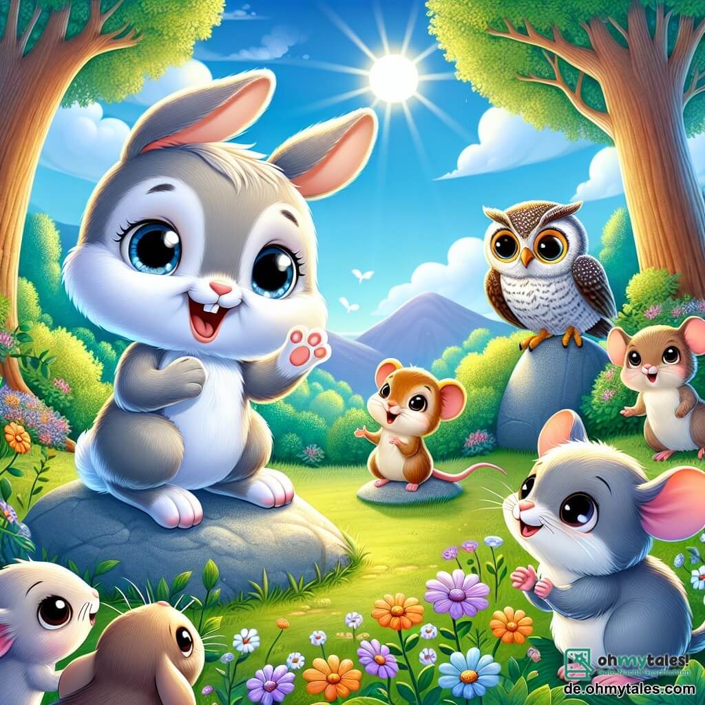 Ein kleiner Hase mit großen Ohren, einem weichen grauen Fell und neugierigen, funkelnden Augen steht auf einem Felsen in einer sonnigen Lichtung und lächelt begeistert, während er sich an seine Freunde wendet. Rechts von ihm applaudiert eine kleine Maus mit hellbraunem Fell und strahlenden Augen, während links von ihm eine weise Eule mit weißen und grauen Federn und runden Brillen auf der Nase aufmerksam zuschaut und freundlich lächelt. Die Lichtung ist von majestätischen Bäumen mit leuchtend grünen Blättern umgeben, und bunte Blumen schmücken den Boden, was eine festliche und einladende Atmosphäre schafft. Im Hintergrund ist der Himmel blau mit flauschigen weißen Wolken, die der Szene eine sanfte Note verleihen. Der kleine Hase erklärt leidenschaftlich die Bedeutung von Gleichheit unter allen Tieren, während die anderen Tiere aufmerksam zuhören, bereit, ihre Vielfalt zu feiern und gemeinsam einen Moment der Freude zu teilen.