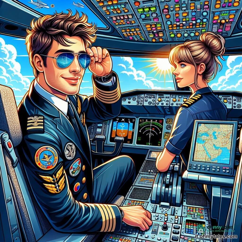 Un pilota di aereo, un uomo di circa trent'anni, sorridente e sicuro di sé, con capelli castani in disordine e occhiali da sole sulla fronte, si trova nella cabina di pilotaggio di un aereo. Indossa una giacca da pilota decorata con medaglie brillanti e guarda con meraviglia attraverso il finestrino. Accanto a lui, un'addetta al controllo del traffico aereo, una donna di circa 25 anni, con capelli biondi raccolti in uno chignon e un'uniforme blu scuro, consulta mappe di volo sul suo computer, mostrando un'espressione concentrata. La cabina è piena di pulsanti colorati e schermi luminosi, mentre il cielo blu si estende a perdita d'occhio, punteggiato di nuvole bianche e dal sole splendente. La scena principale mostra il pilota mentre si prepara al decollo, circondato dall'attrezzatura di volo, con un'atmosfera di eccitazione e avventura palpabile nell'aria.