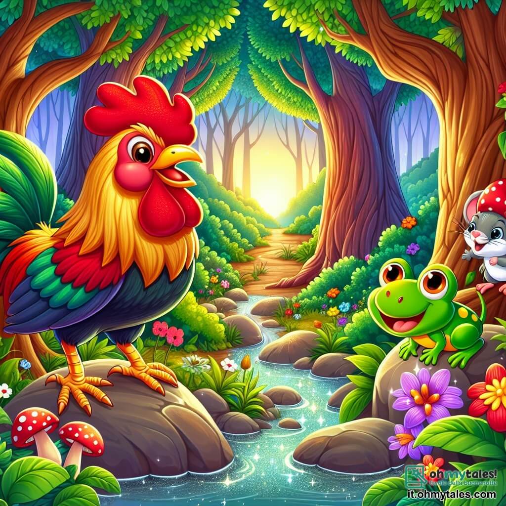Un gallo dalle piume splendenti di rosso e oro, con una grande cresta lucente, si erge al centro della scena, mostrando un'espressione di determinazione e gioia. Accanto a lui, un piccolo topolino dagli occhi brillanti e dal pelo grigio, sorridente e pronto ad aiutarlo, si trova su una pietra, guardando il gallo con ammirazione. Non lontano, una rana verde con macchie gialle, appollaiata su una foglia, osserva la scena con curiosità, pronta a saltare per unirsi a loro. La scena si svolge in una foresta incantata, circondata da alberi maestosi con tronchi spessi e foglie lussureggianti, lungo un sentiero soleggiato, punteggiato di fiori colorati e funghi. Sullo sfondo, un ruscello scintillante serpeggia tra le rocce, aggiungendo un tocco di magia all'ambiente. Il gallo e i suoi amici sono in cerca di un misterioso fiore magico, e il gallo, con un'aria risoluta, si prepara a cantare per risvegliare la foresta e trovare la sua strada.