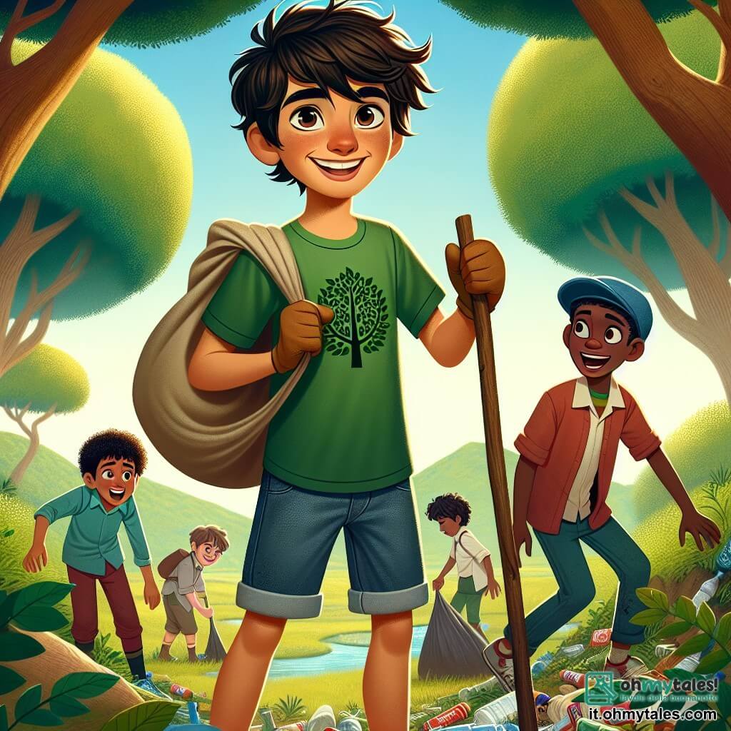 Un ragazzo di 12 anni, di nome Luca, si trova al centro della scena, con un ampio sorriso sul volto e pieno di determinazione. Ha i capelli castani disordinati, occhi brillanti di curiosità e indossa una maglietta verde con un motivo di albero e pantaloni corti di jeans. Tiene un sacco della spazzatura in una mano e un guanto nell'altra, pronto a raccogliere i rifiuti. Accanto a lui, il suo migliore amico Marco, anch'egli di 12 anni, ha i capelli biondi e indossa un cappellino blu. Ride mentre tiene un bastone per raccogliere i rifiuti, mostrando il suo entusiasmo per la missione. Sullo sfondo, alcuni compagni di classe, un ragazzo e una ragazza di circa 11 anni, sono impegnati a raccogliere bottiglie e carta, sorridendo e scambiandosi battute. La scena si svolge in una bellissima riserva naturale, circondata da alberi maestosi con foglie verdi brillanti, con un ruscello scintillante che serpeggia attraverso il paesaggio. Fiori colorati punteggiano il terreno, aggiungendo un tocco di magia all'ambiente. La situazione principale mostra Luca e i suoi amici in azione, intenti a raccogliere rifiuti nella natura, uniti dal desiderio di proteggere l'ambiente e restituire alla foresta la sua bellezza naturale.
