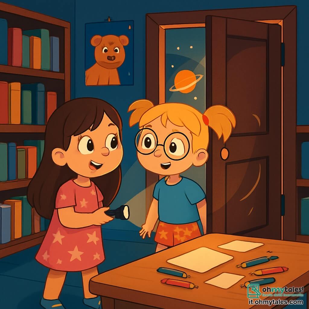 Ci sono 2 personaggi principali: Sofia, una ragazza di 6 anni con lunghi capelli castani e occhi scintillanti, indossa un vestito rosa con stelle bianche e tiene una piccola torcia; Giulia, una ragazza di 6 anni con capelli biondi a treccine e occhiali rotondi, indossa una maglietta blu e pantaloni corti a fiori, guarda con curiosità la porta della biblioteca. La scena si svolge in una biblioteca scolastica misteriosa, con scaffali di legno scuro pieni di libri colorati, poster di animali e pianeti decorano le pareti e una luce soffusa illumina il luogo, creando ombre danzanti. Al centro, un grande tavolo di legno è coperto di matite e fogli di carta. Sofia e Giulia, intrigate, si trovano davanti alla porta leggermente aperta della biblioteca, scambiandosi uno sguardo complice, pronte a scoprire il segreto che si nasconde all'interno, mentre una leggera eccitazione aleggia nell'aria e una luce misteriosa fuoriesce dall'interno.