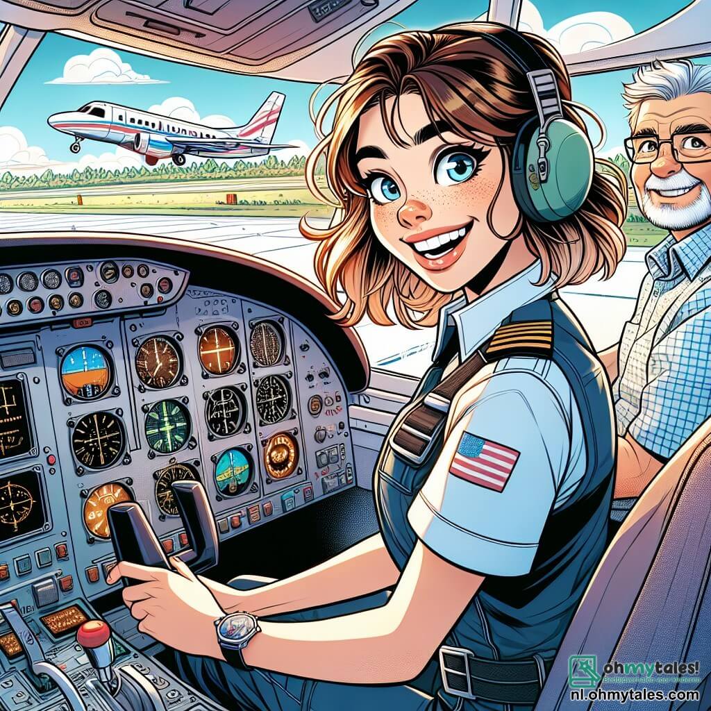 Een jonge vrouw, Lena, ongeveer 20 jaar oud, met kastanjebruin haar en pilotenbril, glimlacht opgewonden in de cockpit van een klein wit vliegtuig met rode strepen. Ze draagt een marineblauwe pilotenoverall, en haar ogen stralen enthousiasme uit terwijl ze zelfverzekerd de stuurknuppel vasthoudt. Naast haar staat een oudere man, meneer Smit, ongeveer 60 jaar oud, met grijs haar en een goed verzorgde baard, die haar trots observeert. Hij draagt een geruite shirt en een bril, en staat iets op de achtergrond, klaar om advies te geven. De cockpit is gevuld met kleurrijke instrumenten, met wijzers en knoppen die knipperen, terwijl het zonlicht door de grote ramen naar binnen stroomt en de ruimte verlicht. Buiten is een landingsbaan te zien, omringd door groene bomen en een stralende blauwe lucht met enkele donzige witte wolken. Lena staat op het punt om op te stijgen voor haar eerste solo vlucht, de motor van het vliegtuig bromt krachtig, en ze voelt een golf van vrijheid en avontuur, klaar om de lucht te verkennen.