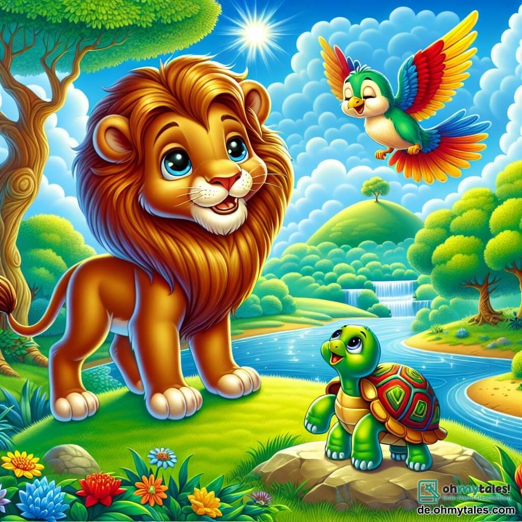 Ein junger Löwe namens Leo mit einer schönen goldenen Mähne und entschlossenen Augen steht stolz auf einem grünen Hügel. Er lächelt breit, voller Mut und Enthusiasmus, bereit, seinen Freunden zu helfen. Neben ihm steht eine kleine Schildkröte namens Tilda mit einem grünen Panzer und weiser Augen, die Leo bewundernd ansieht, während sie auf einem flachen Stein steht. Ein bunter Vogel namens Fips mit leuchtend blauen, roten und gelben Federn fliegt fröhlich über ihnen und singt, um seine Freunde zu ermutigen. Die Szene spielt in einer bezaubernden Landschaft mit einem klarblauen Himmel, weißen, flauschigen Wolken, einem großen alten Baum im Hintergrund und einem glitzernden Bach, der durch das üppige Grün der Wiese fließt. Leo, Tilda und Fips sind vereint auf der Suche nach dem geheimnisvollen Wasser des Baches, während Leo einen wunderschönen, leuchtenden Stein berührt, der Hoffnung und Abenteuer symbolisiert.