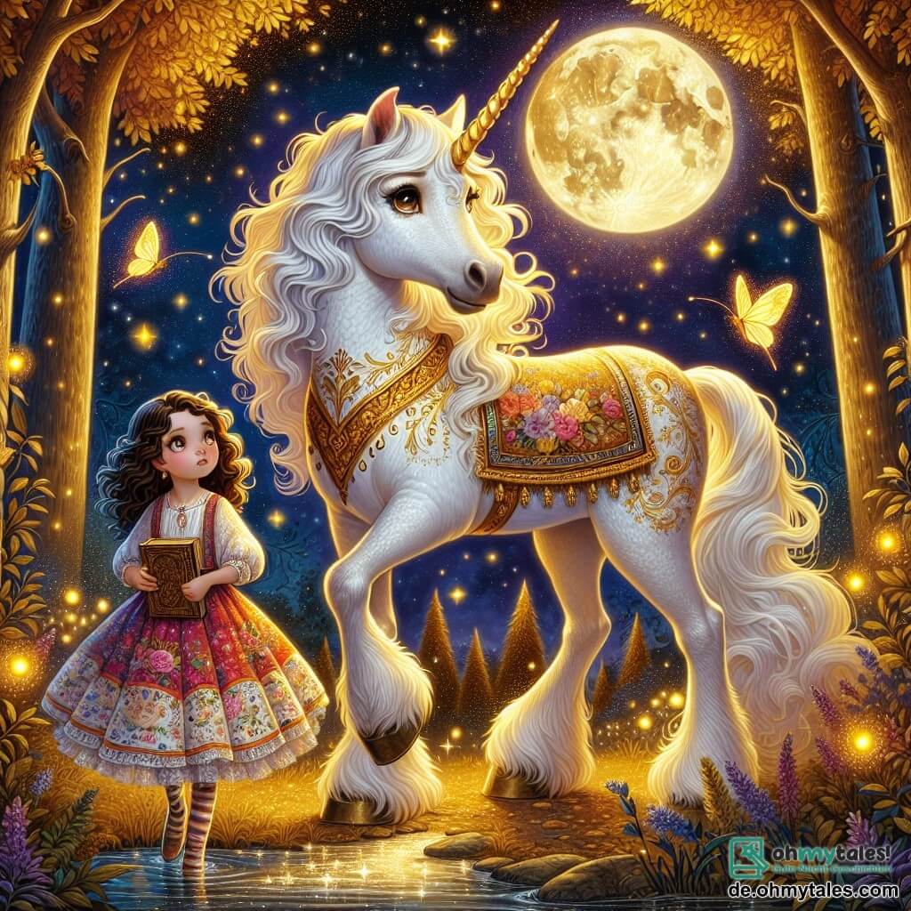 Eine prächtige weiße Einhorn, Auriel, steht majestätisch im Mittelpunkt der Szene, ihr Fell schimmert im Licht des Vollmonds. Ihre großen sanften Augen drücken Weisheit und Güte aus, während ihr goldener Horn in einem magischen Licht erstrahlt. Auriel steht stolz mit leicht gespreizten Beinen, bereit, ihre Freundin zu beschützen. Neben ihr steht Lila, ein zehnjähriges Mädchen mit braunen, lockigen Haaren, das ein buntes Kleid mit Blumenmustern trägt. Sie schaut Auriel bewundernd an, ihre Augen funkeln vor Neugier und Aufregung. Sie hält ein altes Buch in den Händen, den Blick auf das Einhorn gerichtet, als würde sie auf Anweisungen warten. Die Szenerie spielt in einem verzauberten Park, wo Bäume mit goldenen Blättern sanft im Wind tanzen. Glühwürmchen erleuchten die Luft und schaffen eine märchenhafte Atmosphäre, während ein funkelnder Bach durch die Landschaft schlängelt und die Sterne des Nachthimmels widerspiegelt. Die Hauptsituation zeigt Lila und Auriel, die das Geheimnis des Parks entdecken, während Lila einen geheimnisvollen Hinweis aus dem Buch liest und Auriel, aufmerksam und schützend, an ihrer Seite steht, bereit, sie auf ihrer Suche nach dem Kristall der Träume zu führen.