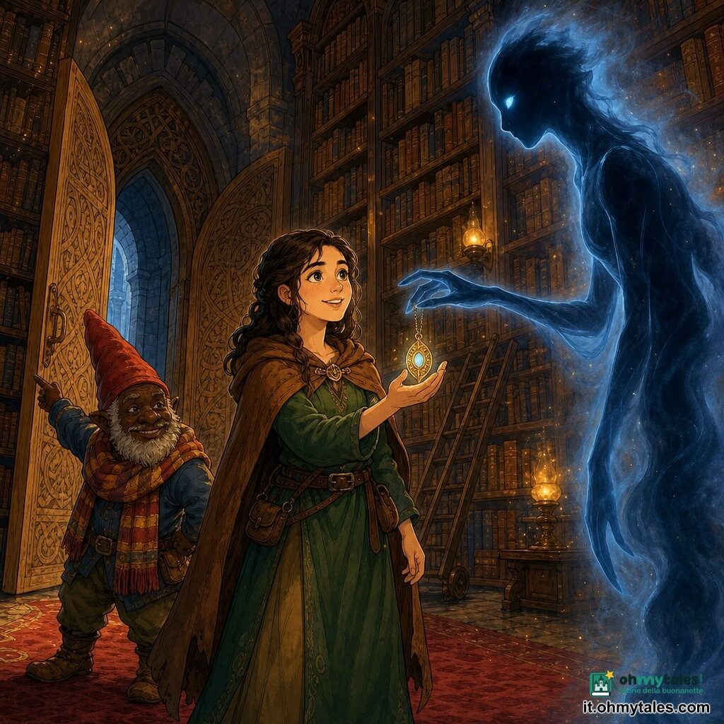 Lyria, giovane dal volto dolce e determinato, guarda l'amuleto brillante con leggero sorriso fiducioso mentre, vestita di lino verde scuro e mantella marrone consumata, lo tiene nella mano destra tesa; Nevio, piccolo gnomo di circa 60 anni con cappello rosso e sciarpa a righe, sta a sinistra indicandone la porta intagliata; il Guardiano delle Ombre, figura alta e non umana come un'ombra bluastra translucida dagli occhi luminosi, porge l'amuleto a Lyria nella vasta biblioteca del castello con scaffali di legno scuro fino alla volta di pietra, libri dalle copertine dorate, lampade a olio e polvere dorata che fluttua, mentre un tappeto rosso scuro conduce a una grande porta di quercia intagliata: scena centrale di Lyria che riceve l'amuleto, luce calda sul volto, Nevio al suo fianco, espressione di speranza e responsabilità.