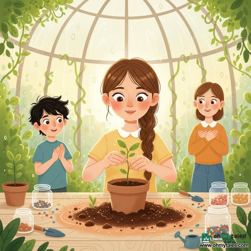 Mira, a radiant and focused 10-year-old girl with bright eyes and a gentle smile, brown hair in a braid, carefully plants a tiny seedling in a pot of dark soil while Jun, a curious and amazed 10-year-old boy with tousled black hair, stands slightly behind to the left and quietly applauds; Mira’s mother watches from the right background with a kindly, proud smile and crossed hands; the scene takes place in a glass-growing room with domed glass ceilings, vine-covered walls and golden sunlight through mist, a light wooden table cluttered with open jars, colorful seeds and small gardening tools, the soil around the pot glowing with a warm, coppery halo and tiny sparks of light floating above, capturing the intimate, hopeful moment as the girl gently waters the minuscule tree seed.