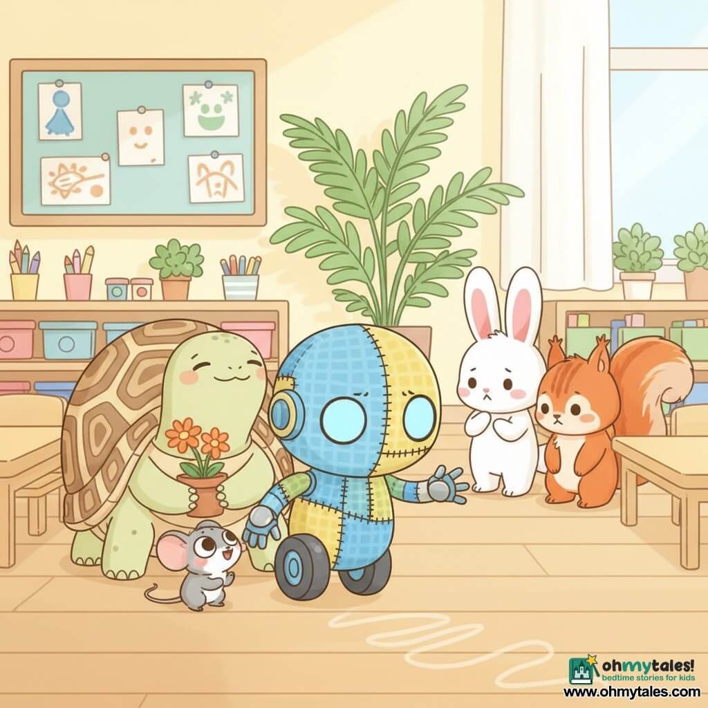 Pip, a small patchwork robot with one large blue eye and a single wheel leaving a faint trail, stands slightly forward with a tentative yet determined expression and an outstretched metal hand protecting Tessa, a large spotted, rounded-back turtle with a gentle, serene smile holding a small pot of orange flowers behind him; Mimi, a gray mouse with mischievous eyes, crouches encouragingly at Pip’s feet while Ruby, a white rabbit with big pink ears, looks surprised and embarrassed and Sam, a bright red squirrel, looks away in remorse; the bright, colorful classroom—pale yellow walls, light wood low tables, shelves of pencils, paint pots and plants, a large fern and a child artwork bulletin board—captures the moment Pip defends Tessa from teasing, in a warm, kind atmosphere with soft light, pastel palette with vivid accents and a minimal kawaii graphic style: clean lines, soft shading, fabric textures on the robot and realistic plant details.