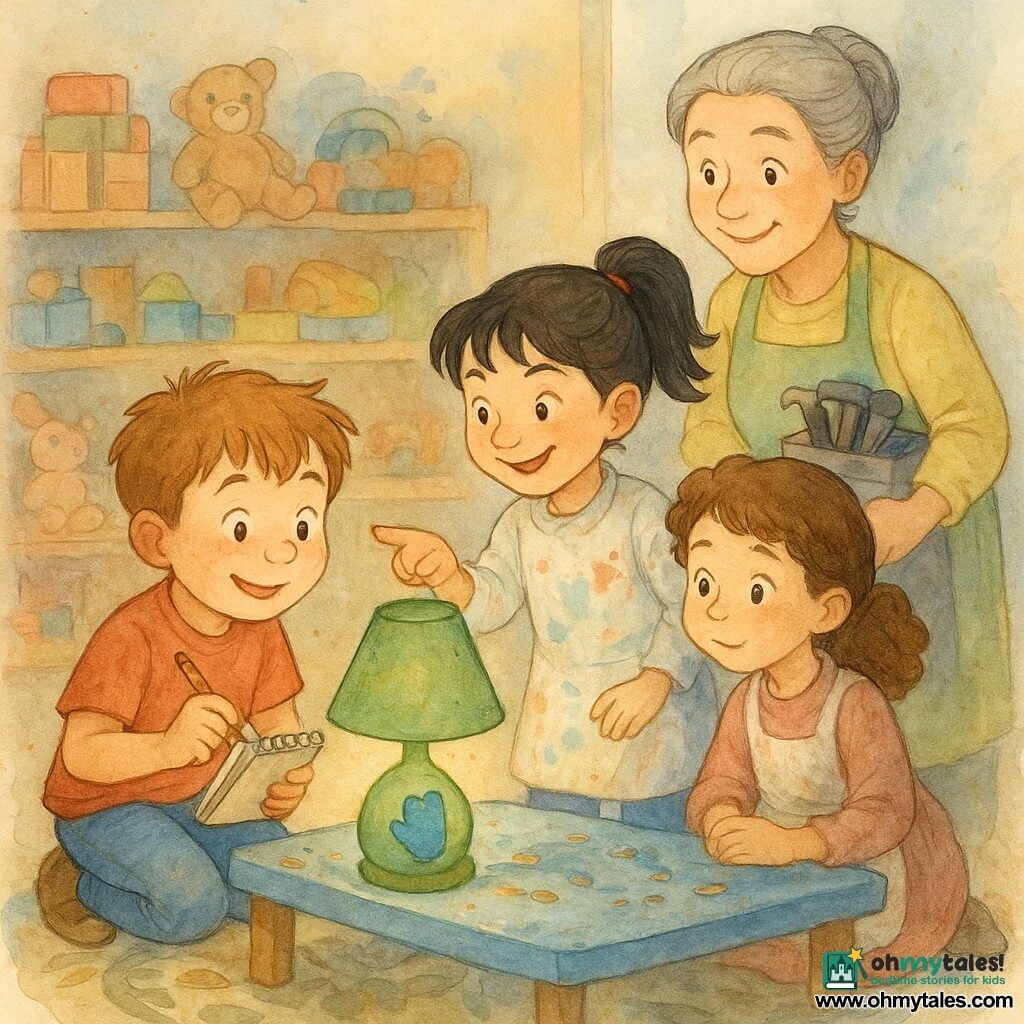 A curious smiling 6-year-old freckled boy with tousled light-brown hair crouches by a green lamp on a wooden tray holding a small notebook and pencil; a mischievous 5-year-old girl Mina with a black ponytail and paint-stained smock points at the lamp; a shy 6-year-old Ana with curly brown hair and flour-dusted sleeves watches from the play table with her hand on an apron; Mrs. Lopez, an adult woman with soft features and gray hair in a bun, stands behind the craft table holding a child-sized toolbox; setting: toy library with low wooden shelves, colorful blocks and stuffed animals, a round leaf-pattern rug, a paint-splattered play table and soft light through a fogged window; scene: a joyful little investigation as the boy finds a blue mitten in the lamp base, children gather around with visible clues (thread, paint stain, crumbs), warm collaborative mood, pastel watercolor textures and controlled splashes.