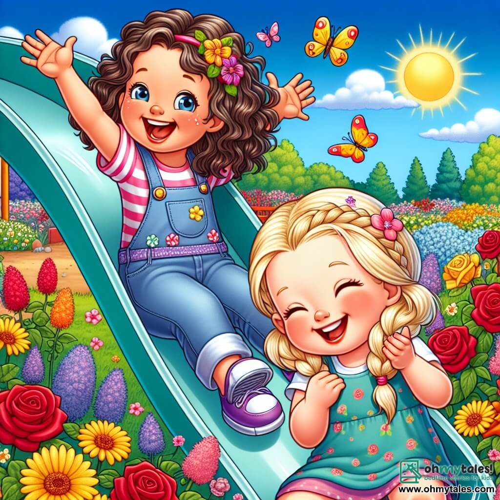 Mia is an 8-year-old girl with curly hair and shiny purple shoes. She is laughing while sliding down a large colorful slide. Next to her, Lily, a 7-year-old girl with a big smile and braided blonde hair, is joyfully clapping. The park is filled with bright flowers of all colors: red roses, bright yellows, and soothing blues. The sky is a deep blue with a few fluffy white clouds. In the distance, yellow and orange butterflies flutter around the flowers, adding a touch of magic to the scene. Mia and Lily are having fun together, sharing a moment of joy and friendship under the summer sun.