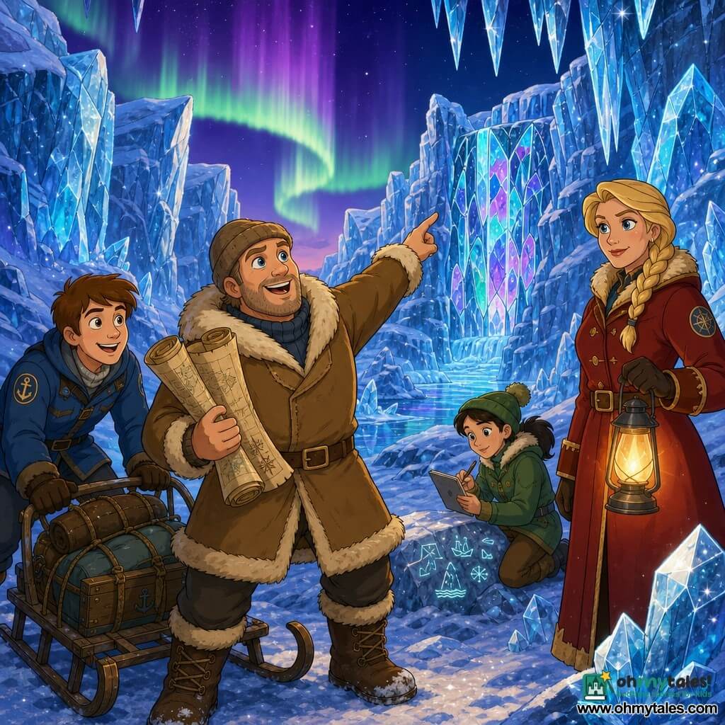 An explorer named Owen, round-faced with light stubble, bright eyes and a triumphant smile, wears a large light-brown fur coat, wool hat and thick boots; he holds two unfolded ancient maps in one hand and points to the valley with the other, proud and amazed. Captain Ingrid, about 45, fair-skinned with braided blonde hair, gentle but determined, wears a dark red coat and gloves, stands slightly behind Owen to his right smiling and holds a lantern casting warm light. A sailor boy, about 16, short chestnut hair and an eager face, wears a blue jacket and helps push a sled, positioned left of Owen in the foreground. A sailor girl, about 14, dark hair in a ponytail, curious expression, wears a green beanie and notes symbols on a small tablet, sitting on an ice block near a frozen waterfall. The setting is a hidden Arctic valley: shimmering translucent iceberg walls, sparkling white snow, a stained-glass–shaped frozen waterfall with turquoise and violet reflections, crystalline ice stalactites, and a twilight sky with green and violet auroras. The main scene shows the triumphant discovery: Owen centered pointing at the frozen waterfall, the warm lantern light contrasting with the valley’s cold light, faces full of wonder, clear dynamic composition, saturated colors, crisp outlines, 90s cartoon style, magical adventurous atmosphere.