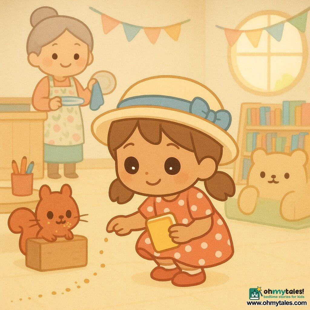 A joyful, focused 6-year-old girl with big bright eyes and light-brown pigtails wears a soft hat with a blue ribbon, a red polka-dot dress and red shoes; she crouches, following a trail of sticky crumbs across the floor while holding a small yellow notebook. An adult woman (about 40), kind and smiling with light-gray hair in a bun and a floral apron, stands in the background by a wooden counter, raising a blue cloth as if she found an empty plate. A small red squirrel with round eyes and crumb-dusted whiskers sits behind a box of wooden blocks, cheeks puffed and a crumb on its nose. A large beige bear-shaped cushion sits beside a colorful reading corner with low shelves and bright-covered books. Interior: a bright community center with pale-yellow linoleum floor, light-wood low tables, colorful bunting, red and blue pencil pots on a table, and a large round window letting in warm light. Main scene: the little detective follows a winding line of sticky crumbs between tables and toy boxes leading to the guilty squirrel hidden behind the block stack; soft colors, simple shapes, exaggerated expressions, centered and child-friendly composition.