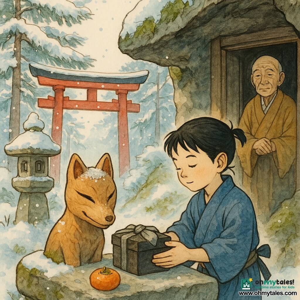 Ren, a young man with calm, focused features and his black hair tied in a simple cord, gently places a small dark-lacquered box wrapped in ash-gray cloth on the stone of a tiny wayside shrine beneath a rock near a vermilion torii; a wooden fox mask with narrow carved eyes and a faint smile lies tilted on the stone, dusted with snow and seeming both shy and mischievous, and Ren sets a small orange persimmon beside it as an offering while an elderly monk in an ochre robe watches benevolently from the temple entrance amid snow-dusted pines, fluttering white paper garlands and a stone lantern, the clear morning light casting long soft shadows.