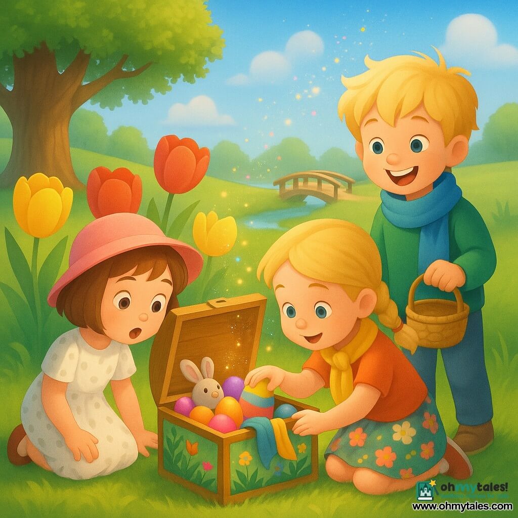 Three children in a bright spring garden: Mia, 6, short brown hair and pink hat in a white‑polka‑dot dress kneeling left of a painted wooden chest, Tom, 7, tousled blond hair with a blue scarf and green sweater standing slightly behind the chest on the right holding a small basket and smiling, and Lily, 5, braided blond hair with a yellow scarf and floral skirt crouched center front reaching to touch a painted egg; they open a small garden‑painted wooden chest filled with colorful Easter eggs, a plush bunny and scarves, joyful expressions, vivid colors and golden morning light highlighting the shiny eggs and weathered wood, tulips, an old oak, a little wooden bridge and floating specks of colored glitter in the air.