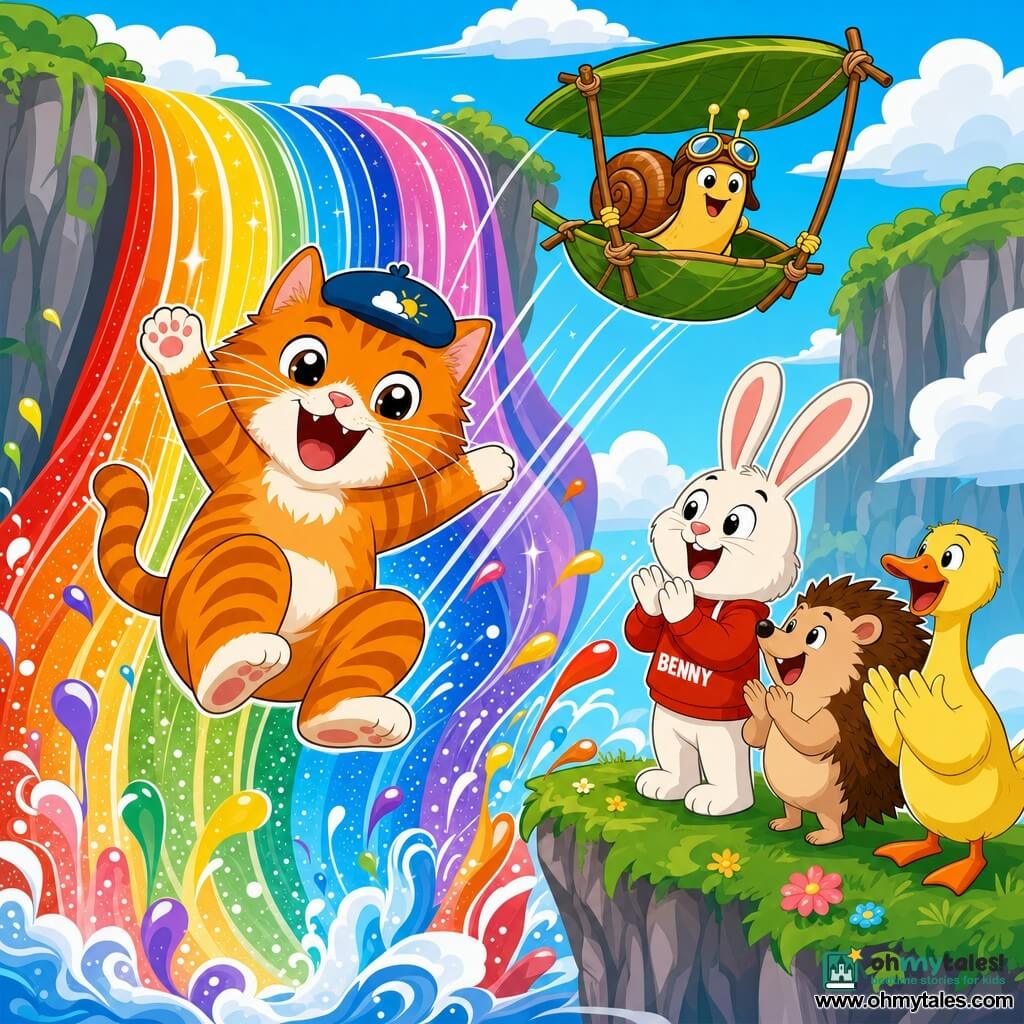 An orange tabby cat with white paws, big whiskers and bright round eyes wears a small meteorologist's beret and laughs with a paw raised as it slides down a wide rainbow waterfall like a waterslide; above it a small smiling snail pilot with a smooth spiral shell and aviator goggles sits in a leaf-and-twig gondola, while Benny the white-eared rabbit, a brown hedgehog and a yellow goose watch from a grassy ledge, applauding; the scene shows swirling colors, sparkling splashes, dynamic motion lines and joyful expressions in a playful, flat-colored, bold-outlined style.